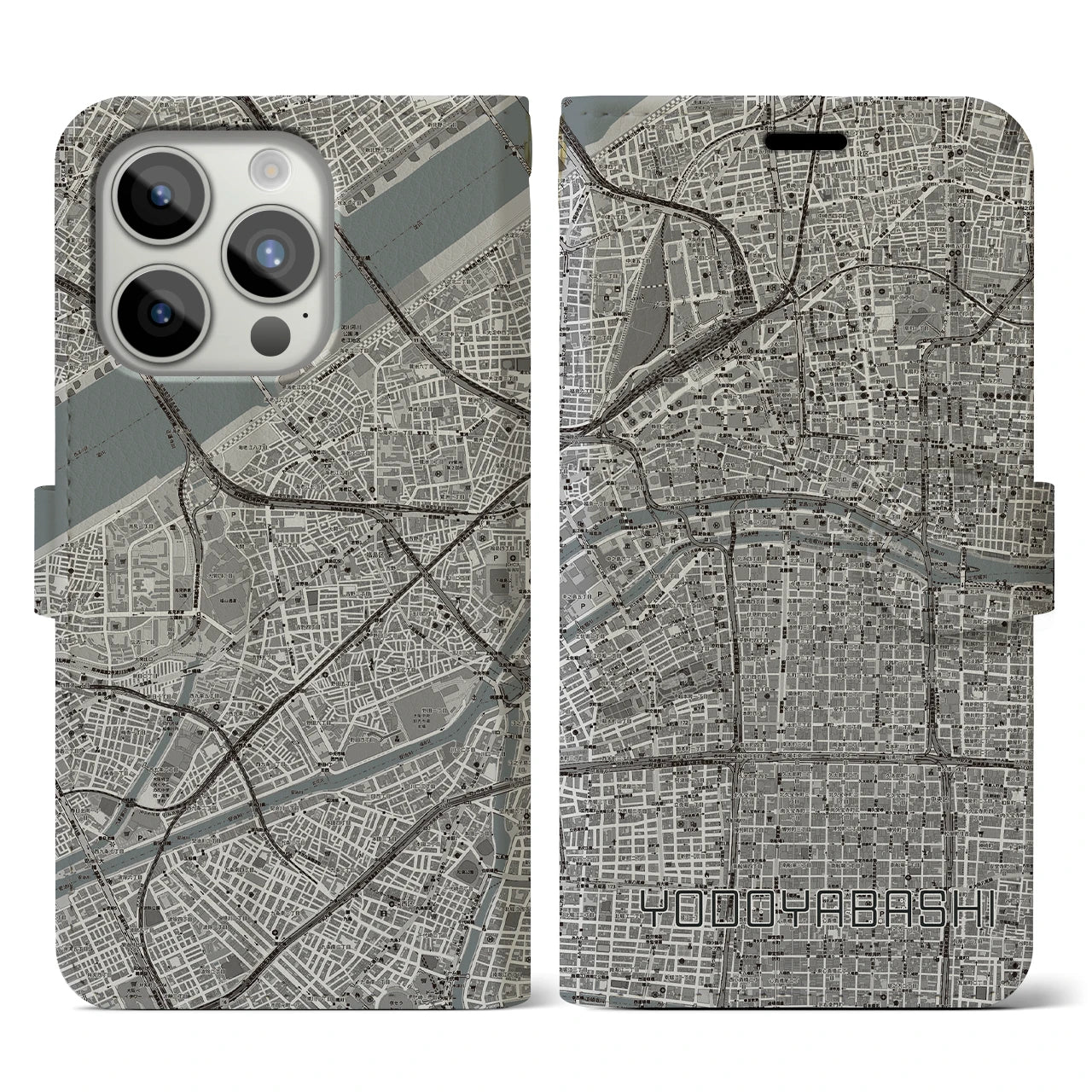 【淀屋橋(大阪府)】地図柄iPhoneケース(手帳タイプ)モノトーン・iPhone 15 Pro 用