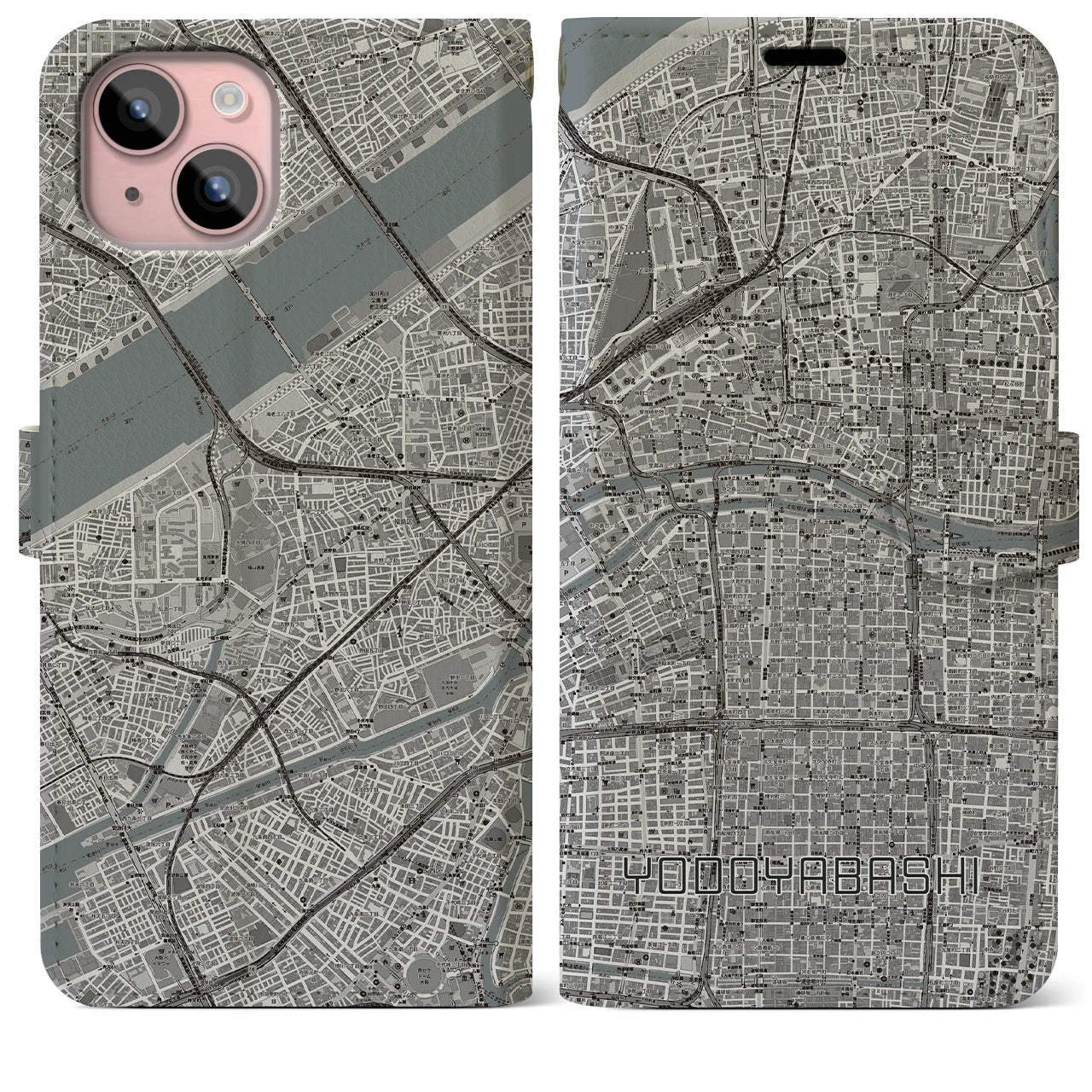 【淀屋橋(大阪府)】地図柄iPhoneケース(手帳タイプ)モノトーン・iPhone 15 Plus 用