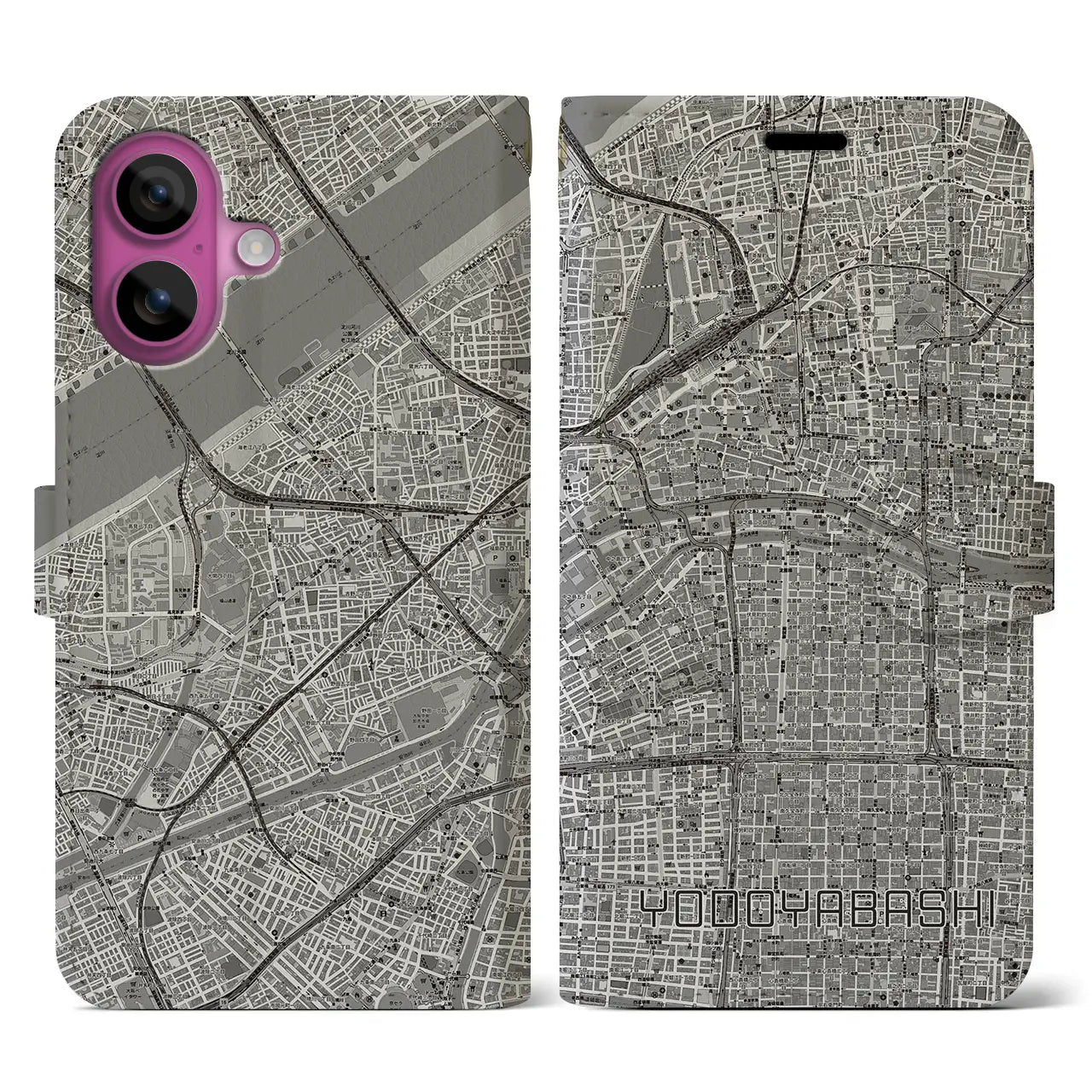 【淀屋橋(大阪府)】地図柄iPhoneケース(手帳タイプ)モノトーン・iPhone 16 Pro 用