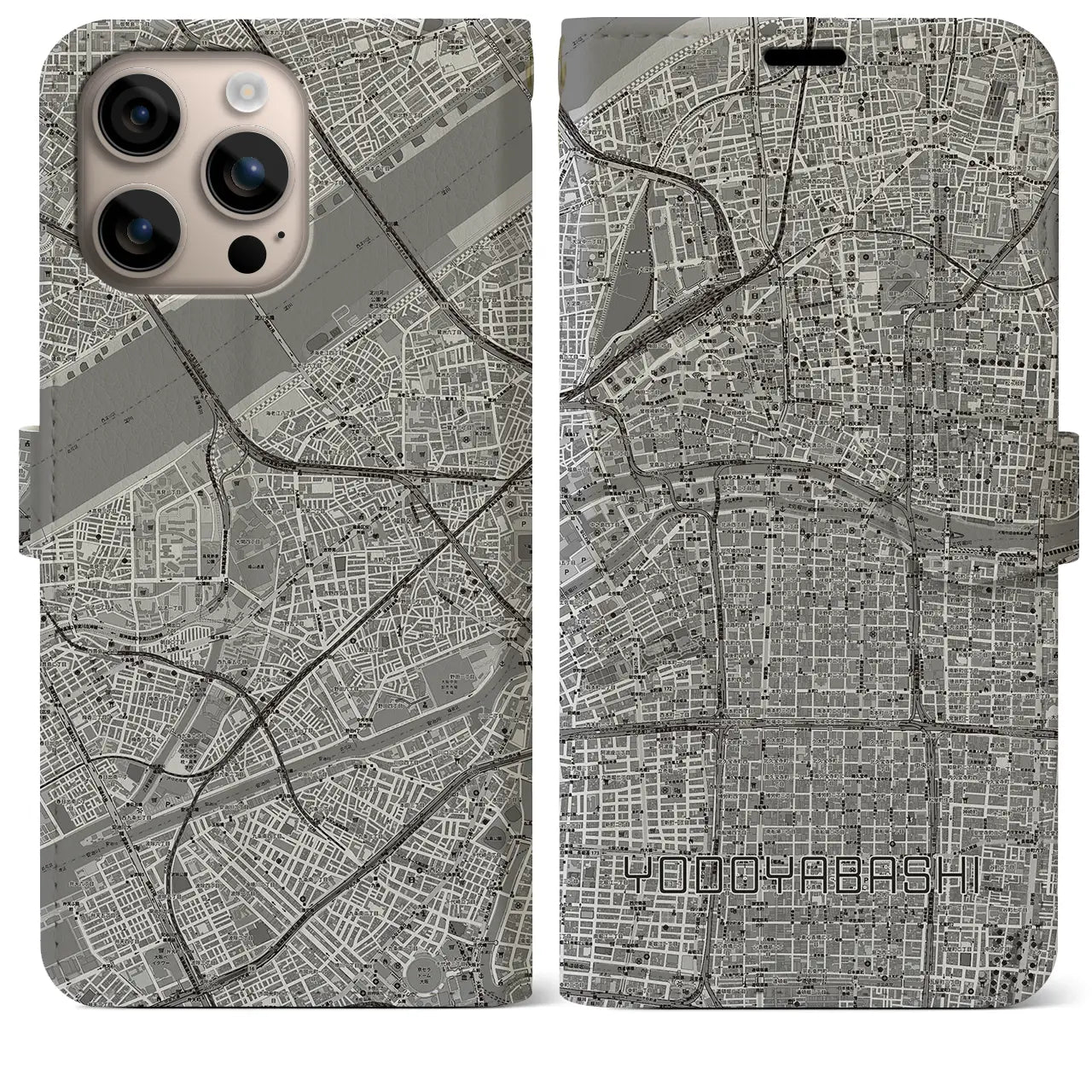 【淀屋橋(大阪府)】地図柄iPhoneケース(手帳タイプ)モノトーン・iPhone 16 Plus 用