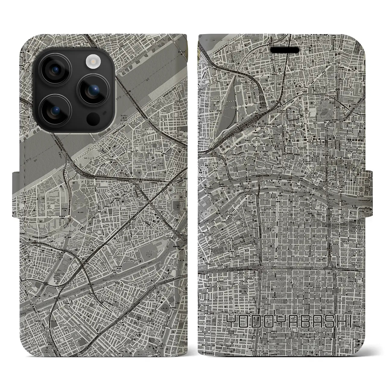 【淀屋橋(大阪府)】地図柄iPhoneケース(手帳タイプ)モノトーン・iPhone 16 用