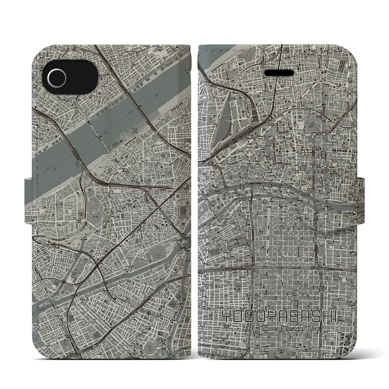 【淀屋橋(大阪府)】地図柄iPhoneケース(手帳タイプ)モノトーン・iPhone SE(第3 / 第2世代) / 8 / 7 / 6s / 6 用