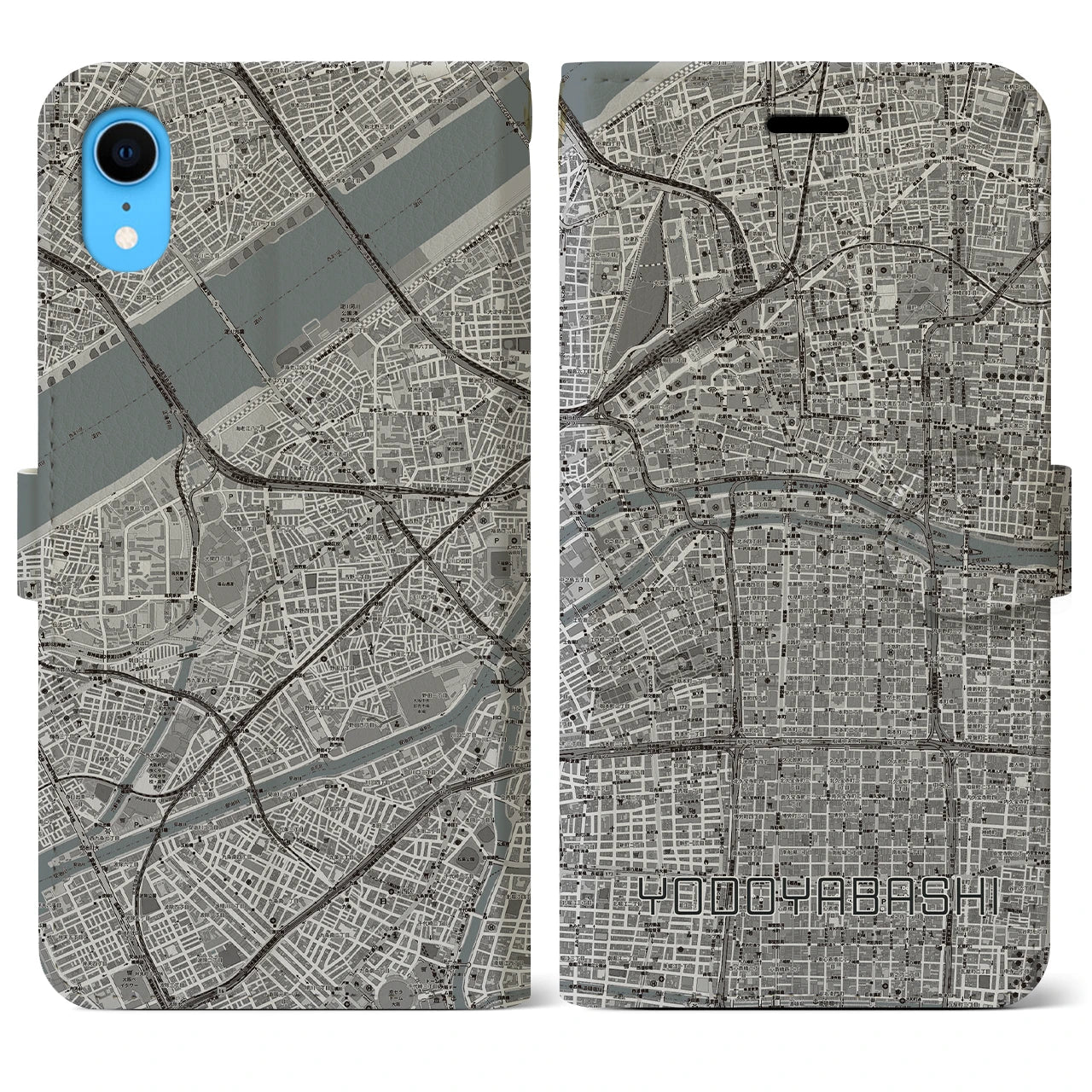 【淀屋橋(大阪府)】地図柄iPhoneケース(手帳タイプ)モノトーン・iPhone XR 用