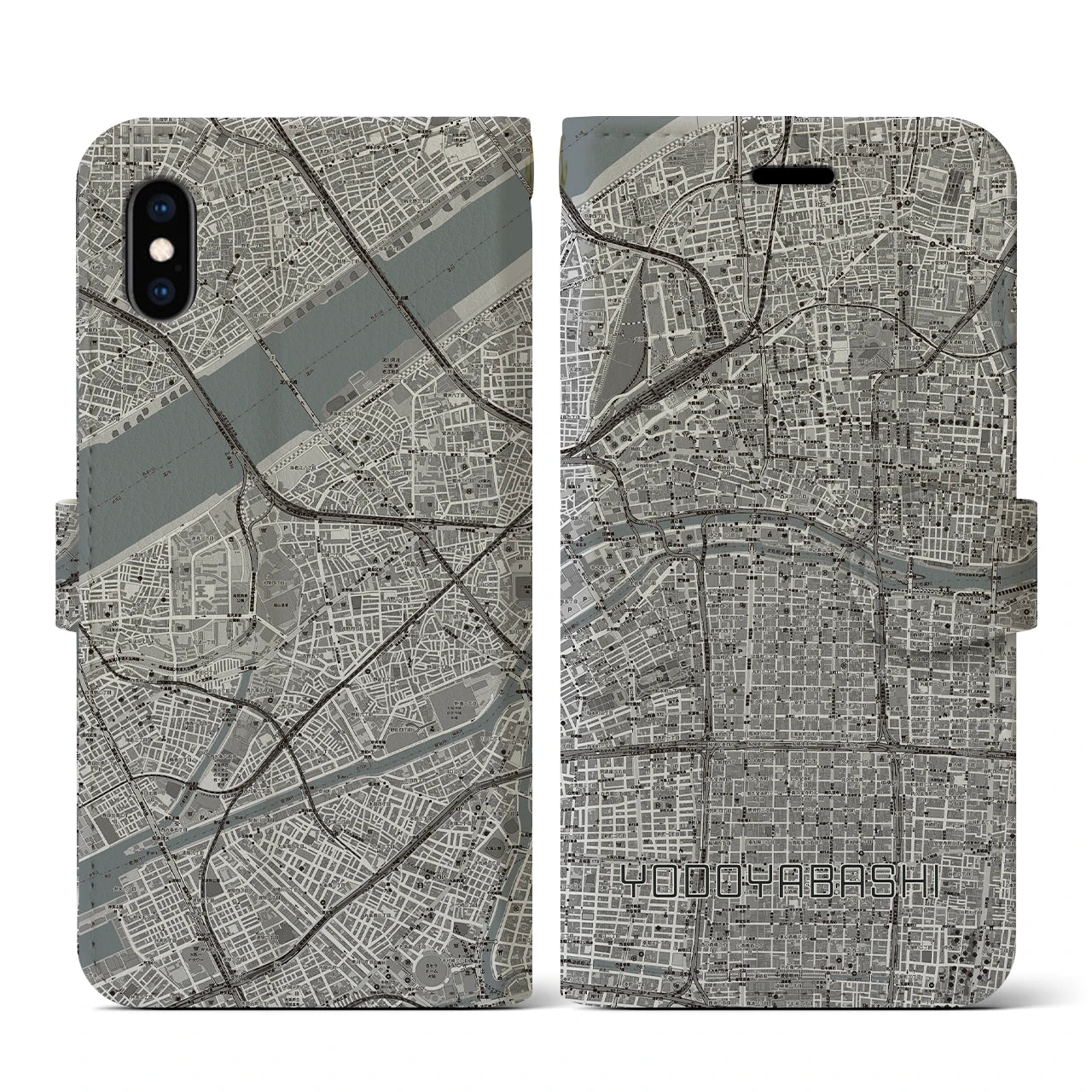 【淀屋橋(大阪府)】地図柄iPhoneケース(手帳タイプ)モノトーン・iPhone XS / X 用