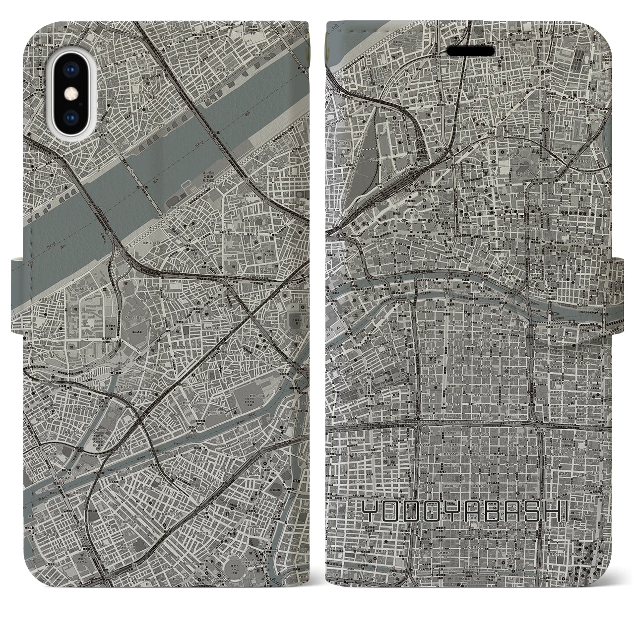 【淀屋橋(大阪府)】地図柄iPhoneケース(手帳タイプ)モノトーン・iPhone XS Max 用