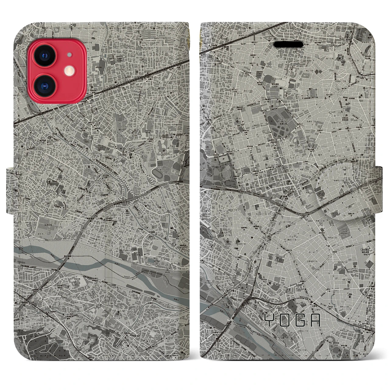 【用賀(東京都)】地図柄iPhoneケース(手帳タイプ)モノトーン・iPhone 11 用