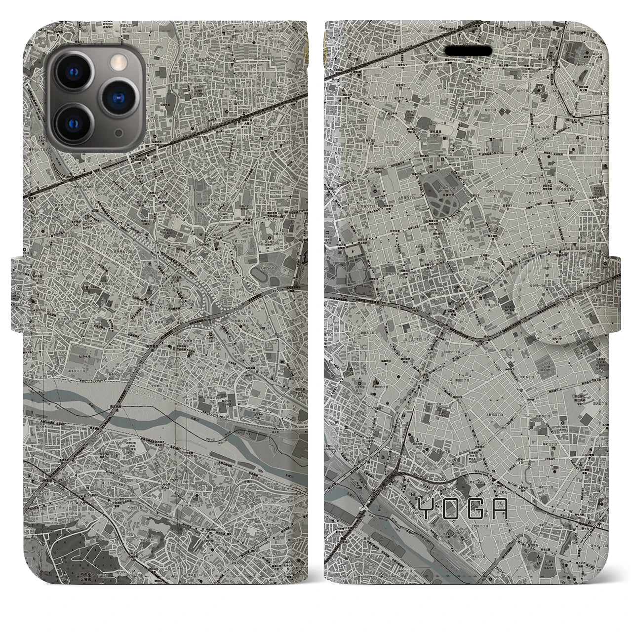 【用賀(東京都)】地図柄iPhoneケース(手帳タイプ)モノトーン・iPhone 11 Pro Max 用