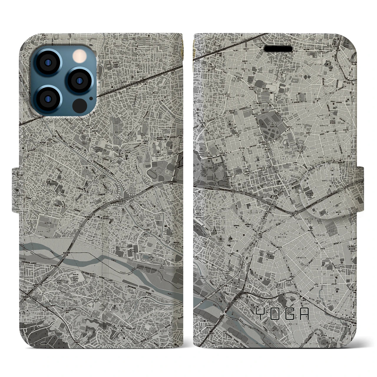 【用賀(東京都)】地図柄iPhoneケース(手帳タイプ)モノトーン・iPhone 12 / 12 Pro 用