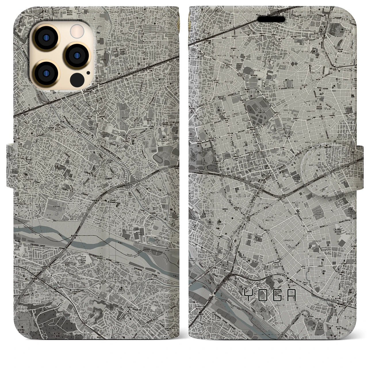 【用賀(東京都)】地図柄iPhoneケース(手帳タイプ)モノトーン・iPhone 12 Pro Max 用