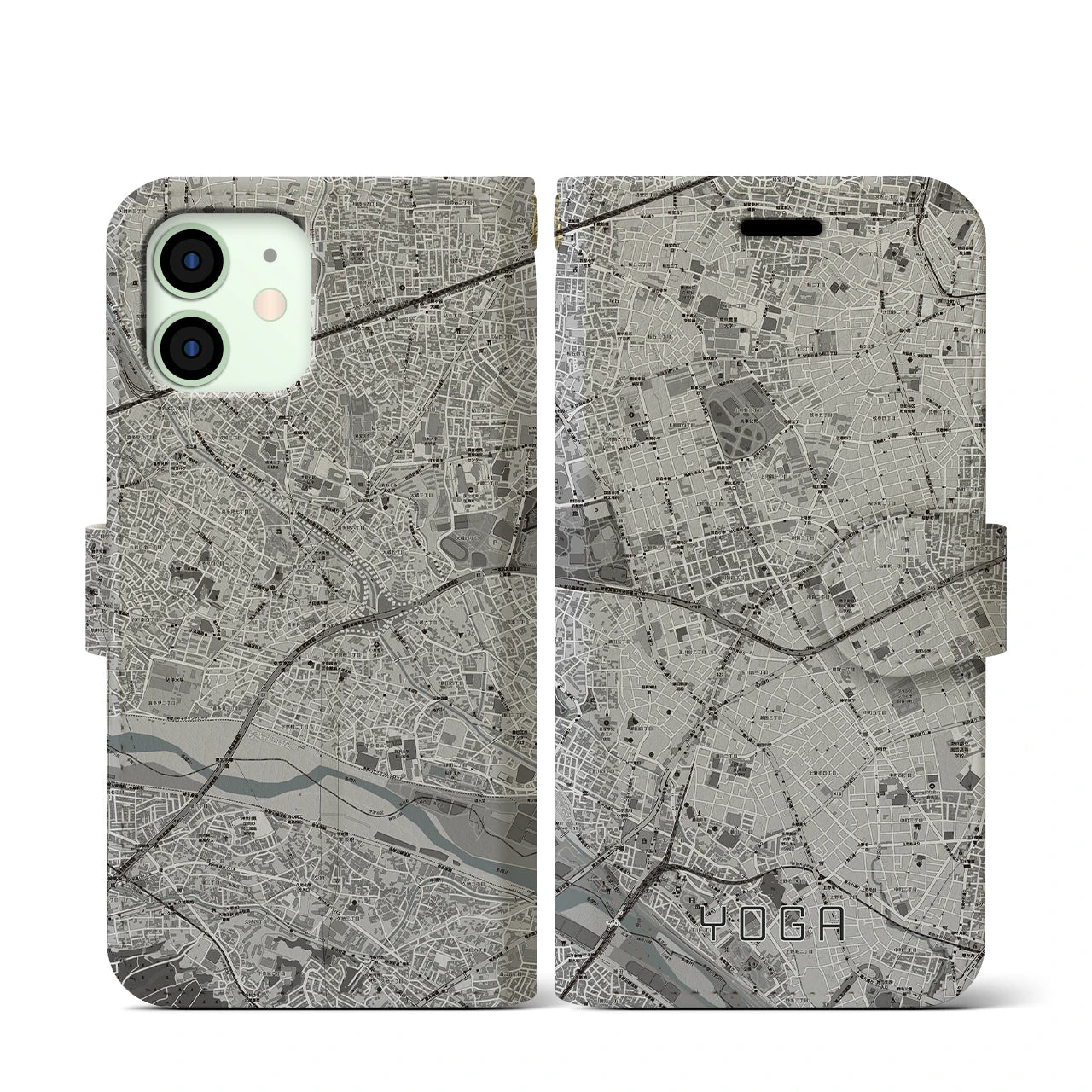 【用賀(東京都)】地図柄iPhoneケース(手帳タイプ)モノトーン・iPhone 12 mini 用
