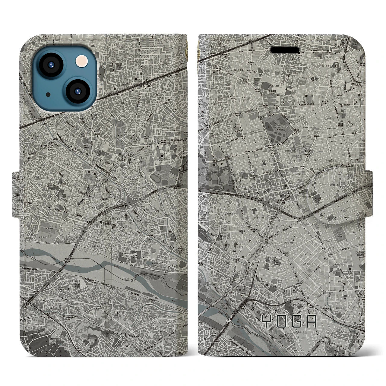 【用賀(東京都)】地図柄iPhoneケース(手帳タイプ)モノトーン・iPhone 13 用
