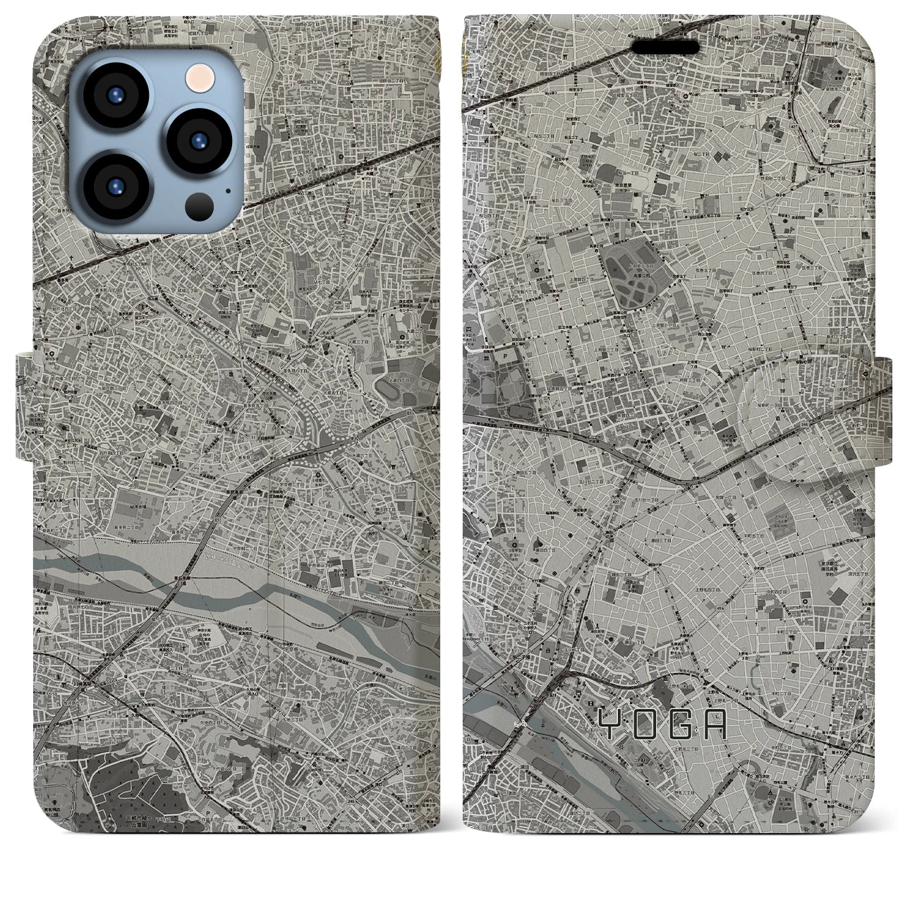 【用賀(東京都)】地図柄iPhoneケース(手帳タイプ)モノトーン・iPhone 13 Pro Max 用