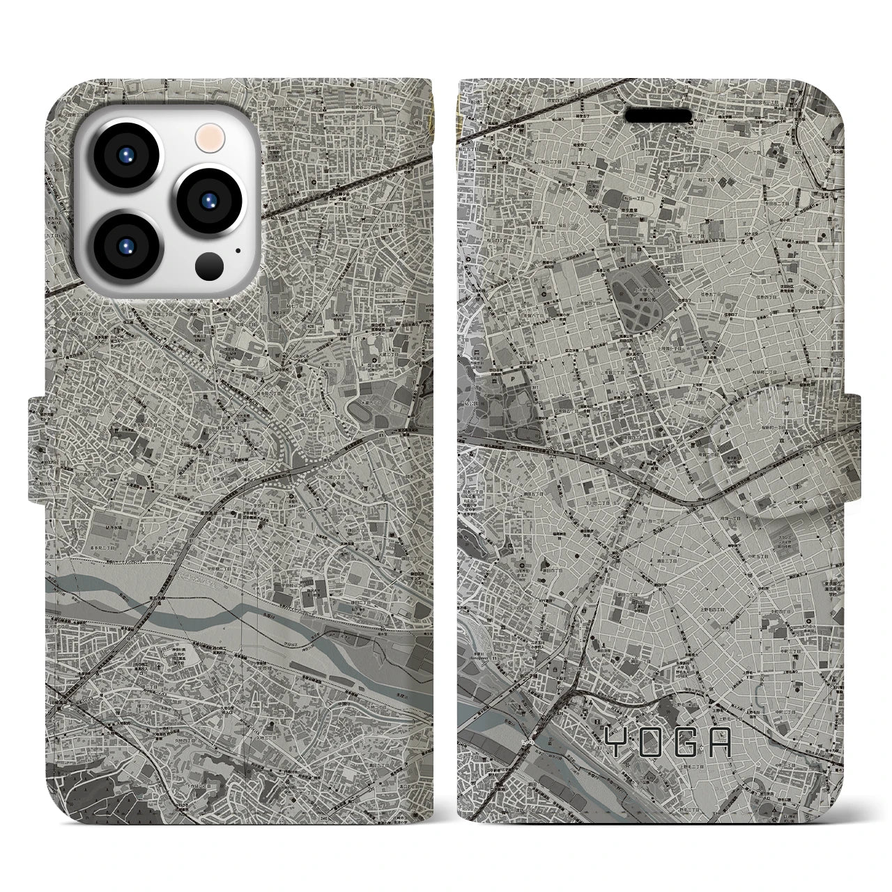 【用賀(東京都)】地図柄iPhoneケース(手帳タイプ)モノトーン・iPhone 13 Pro 用