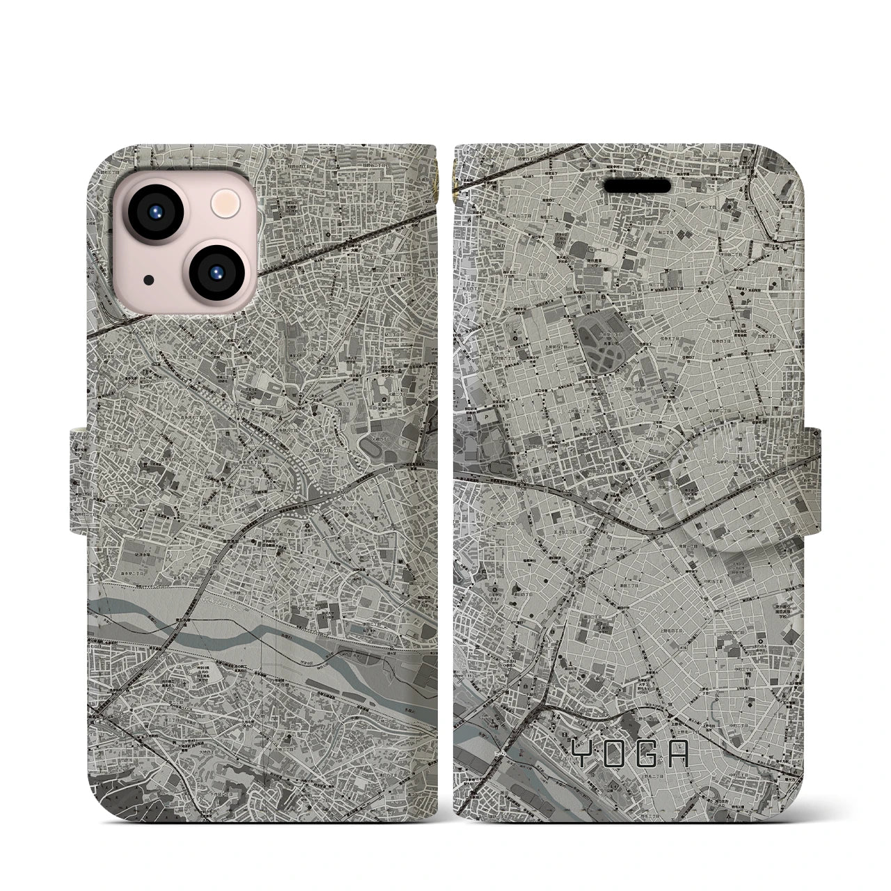【用賀(東京都)】地図柄iPhoneケース(手帳タイプ)モノトーン・iPhone 13 mini 用