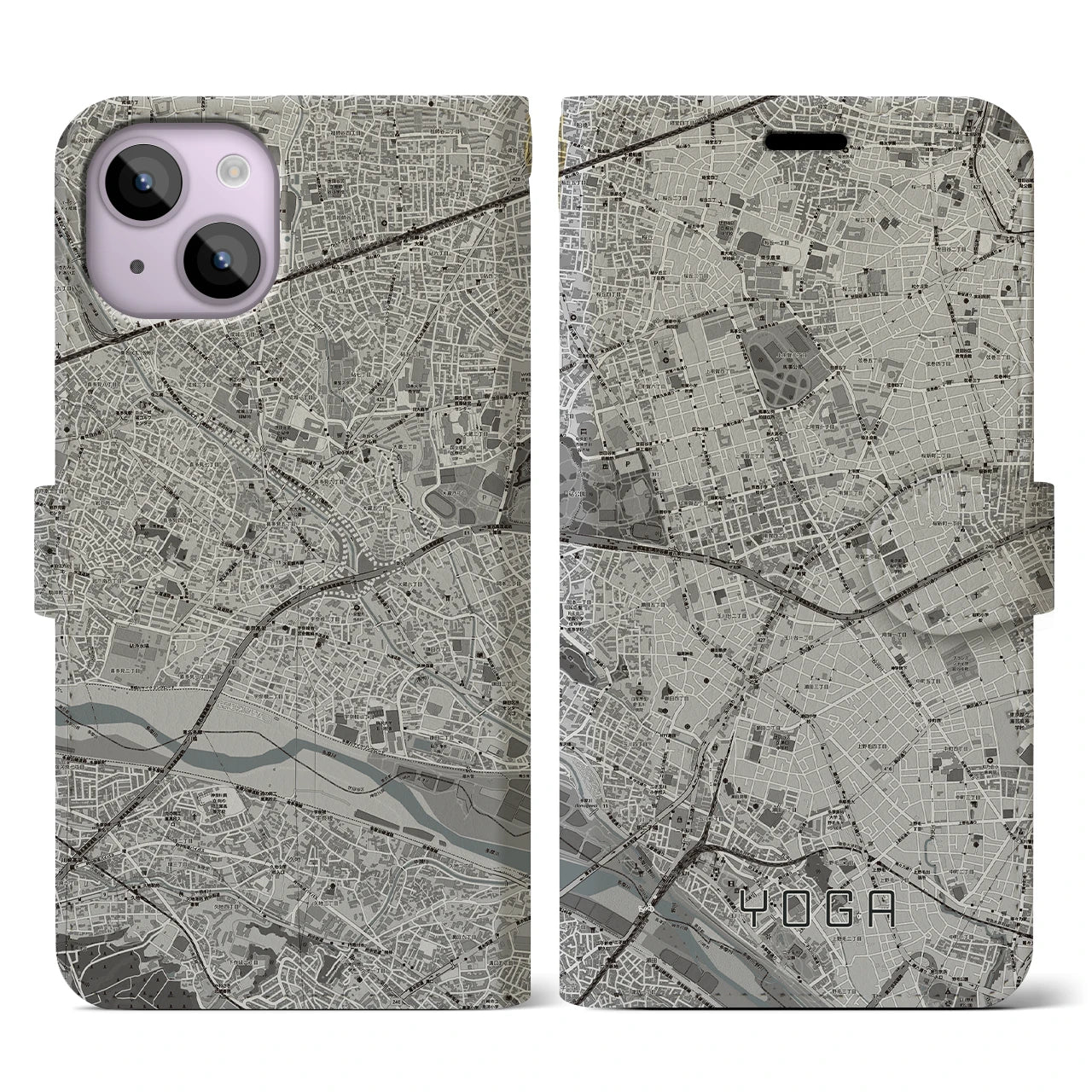 【用賀(東京都)】地図柄iPhoneケース(手帳タイプ)モノトーン・iPhone 14 用