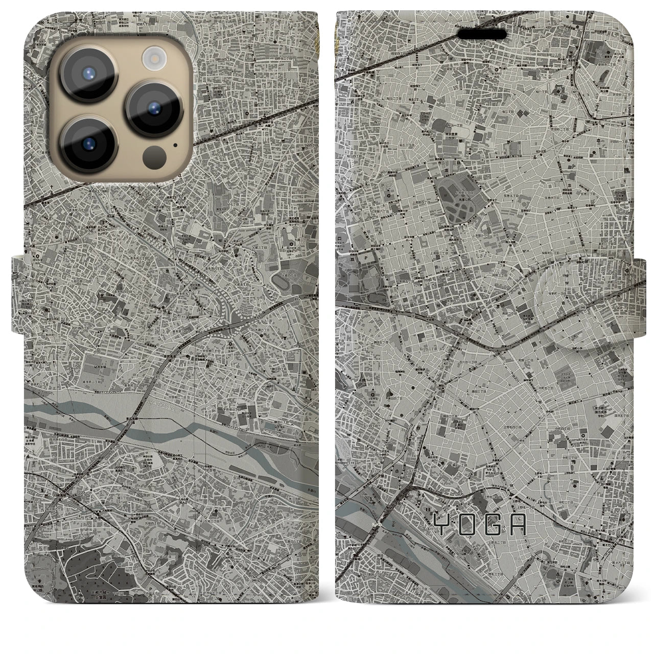 【用賀(東京都)】地図柄iPhoneケース(手帳タイプ)モノトーン・iPhone 14 Pro Max 用