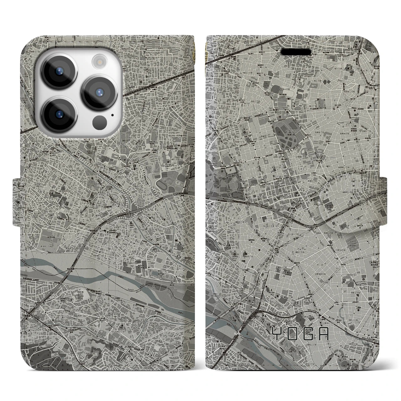 【用賀(東京都)】地図柄iPhoneケース(手帳タイプ)モノトーン・iPhone 14 Pro 用