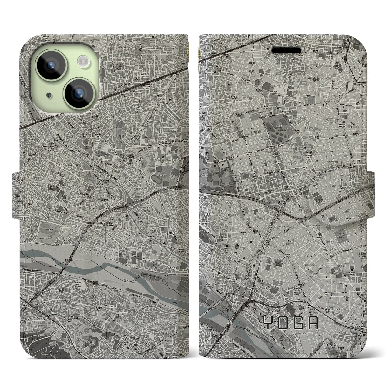 【用賀(東京都)】地図柄iPhoneケース(手帳タイプ)モノトーン・iPhone 15 用