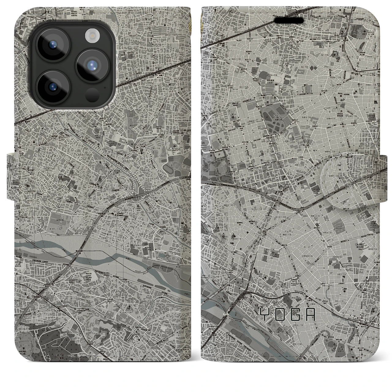 【用賀(東京都)】地図柄iPhoneケース(手帳タイプ)モノトーン・iPhone 15 Pro Max 用