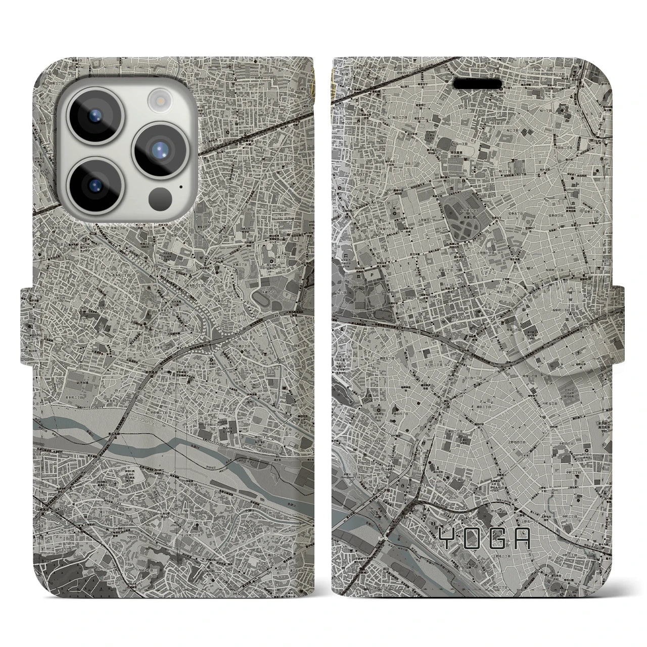 【用賀(東京都)】地図柄iPhoneケース(手帳タイプ)モノトーン・iPhone 15 Pro 用