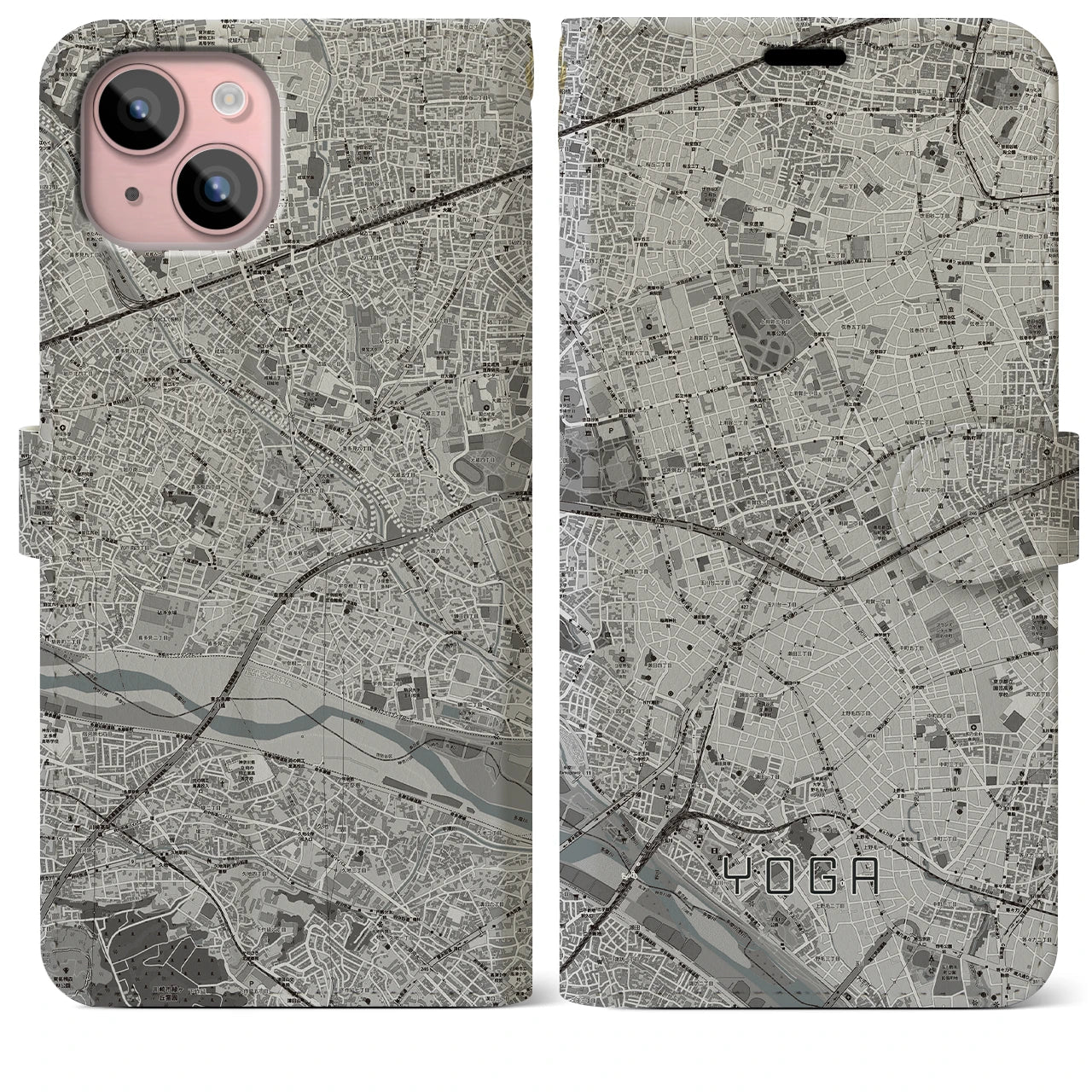 【用賀(東京都)】地図柄iPhoneケース(手帳タイプ)モノトーン・iPhone 15 Plus 用