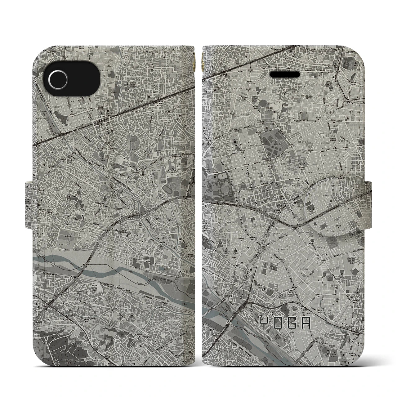 【用賀(東京都)】地図柄iPhoneケース(手帳タイプ)モノトーン・iPhone SE(第3 / 第2世代) / 8 / 7 / 6s / 6 用