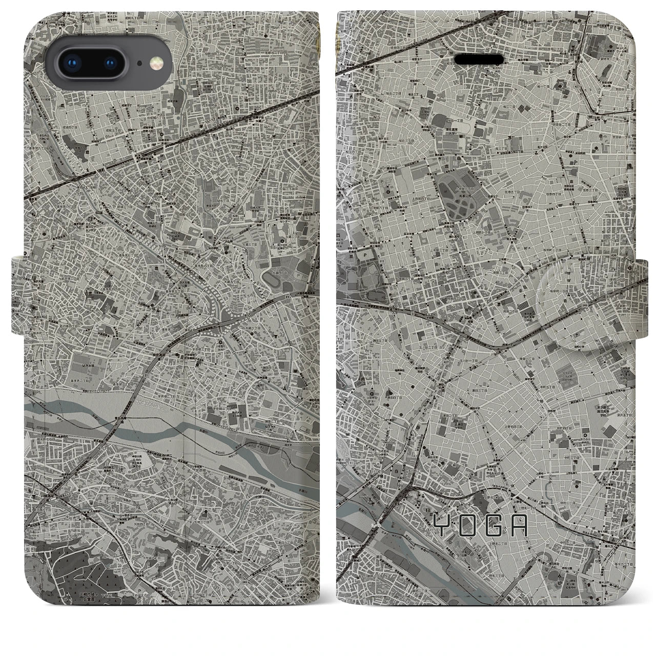 【用賀(東京都)】地図柄iPhoneケース(手帳タイプ)モノトーン・iPhone 8Plus /7Plus / 6sPlus / 6Plus 用
