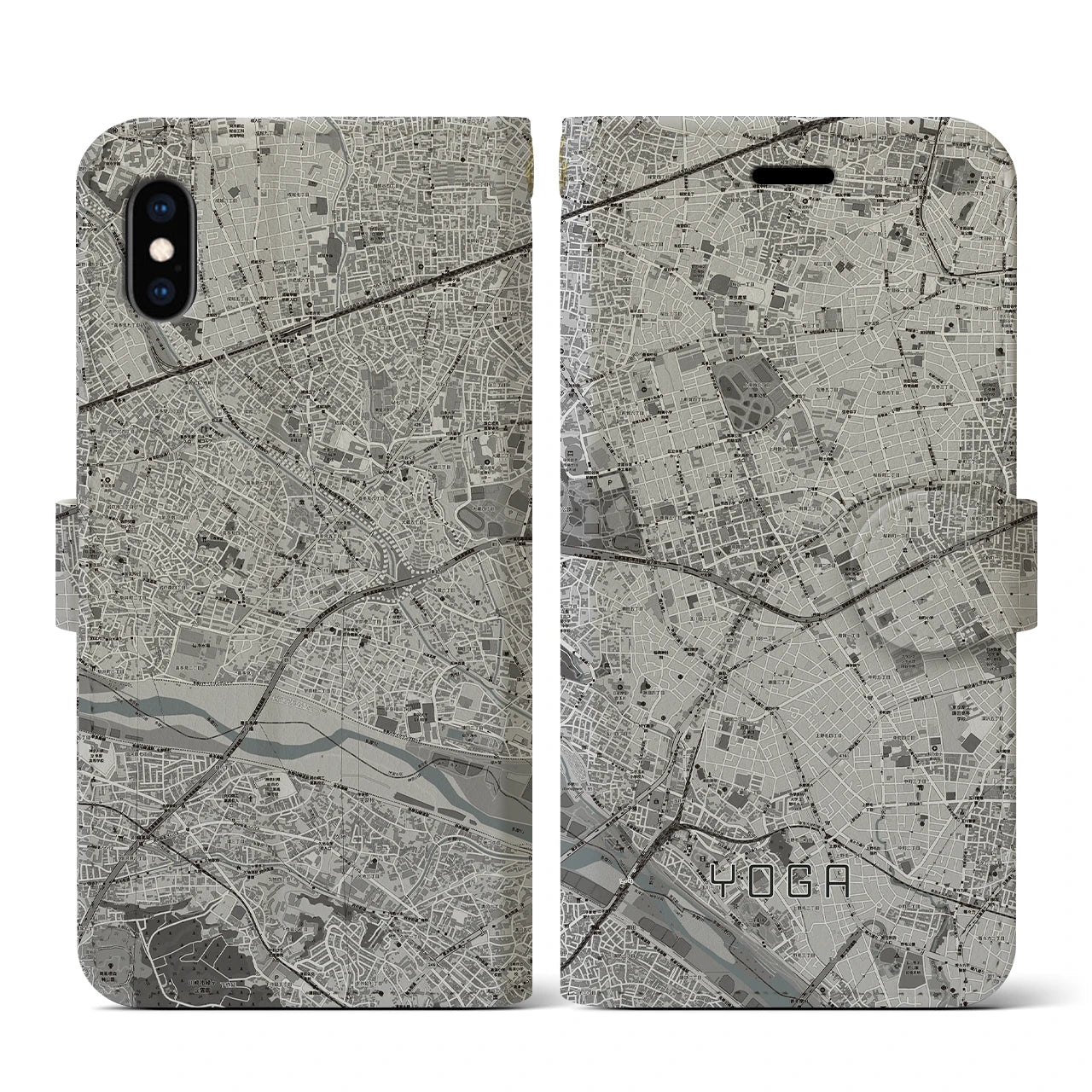 【用賀(東京都)】地図柄iPhoneケース(手帳タイプ)モノトーン・iPhone XS / X 用