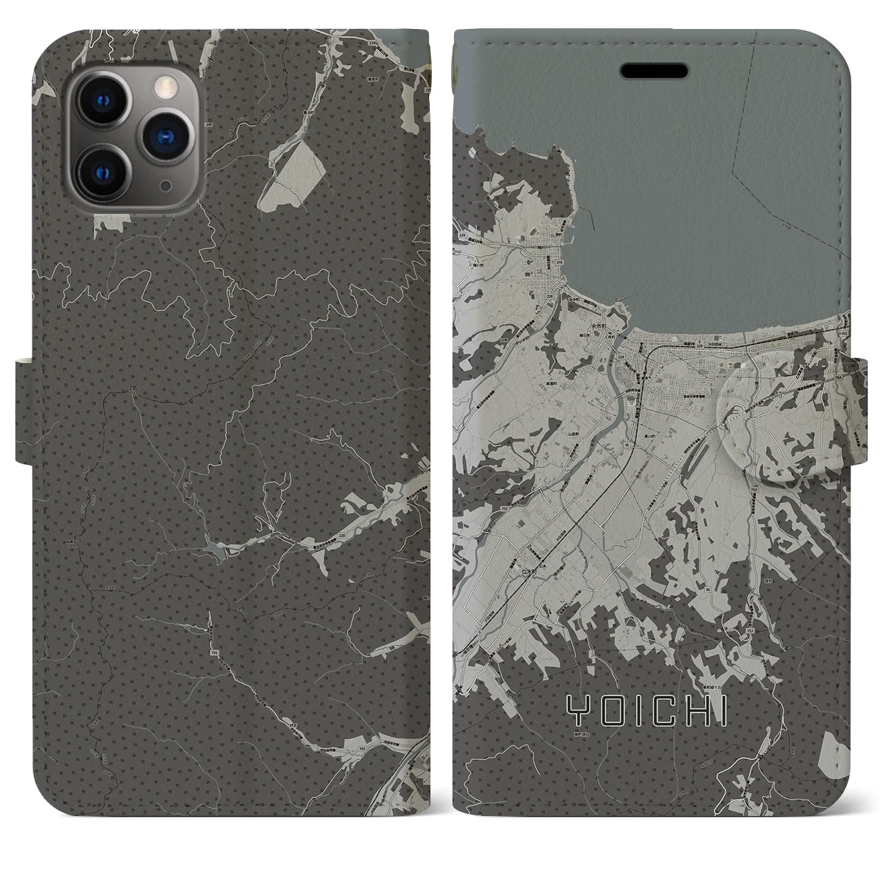 【余市(北海道)】地図柄iPhoneケース(手帳タイプ)モノトーン・iPhone 11 Pro Max 用