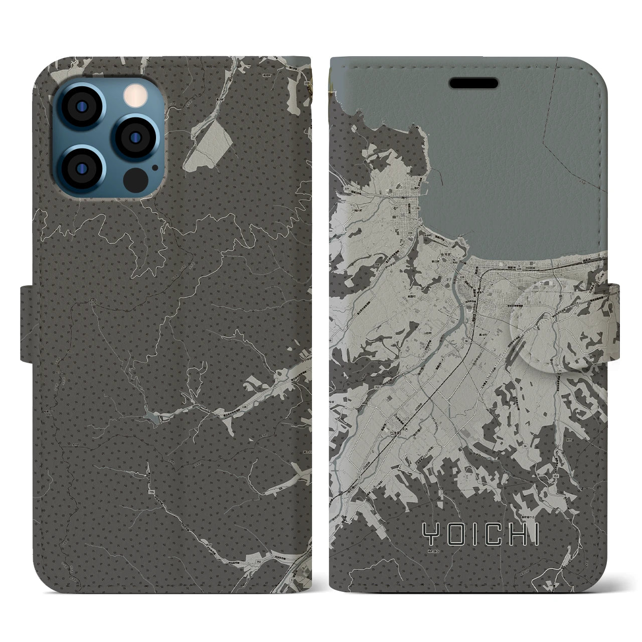 【余市(北海道)】地図柄iPhoneケース(手帳タイプ)モノトーン・iPhone 12 / 12 Pro 用
