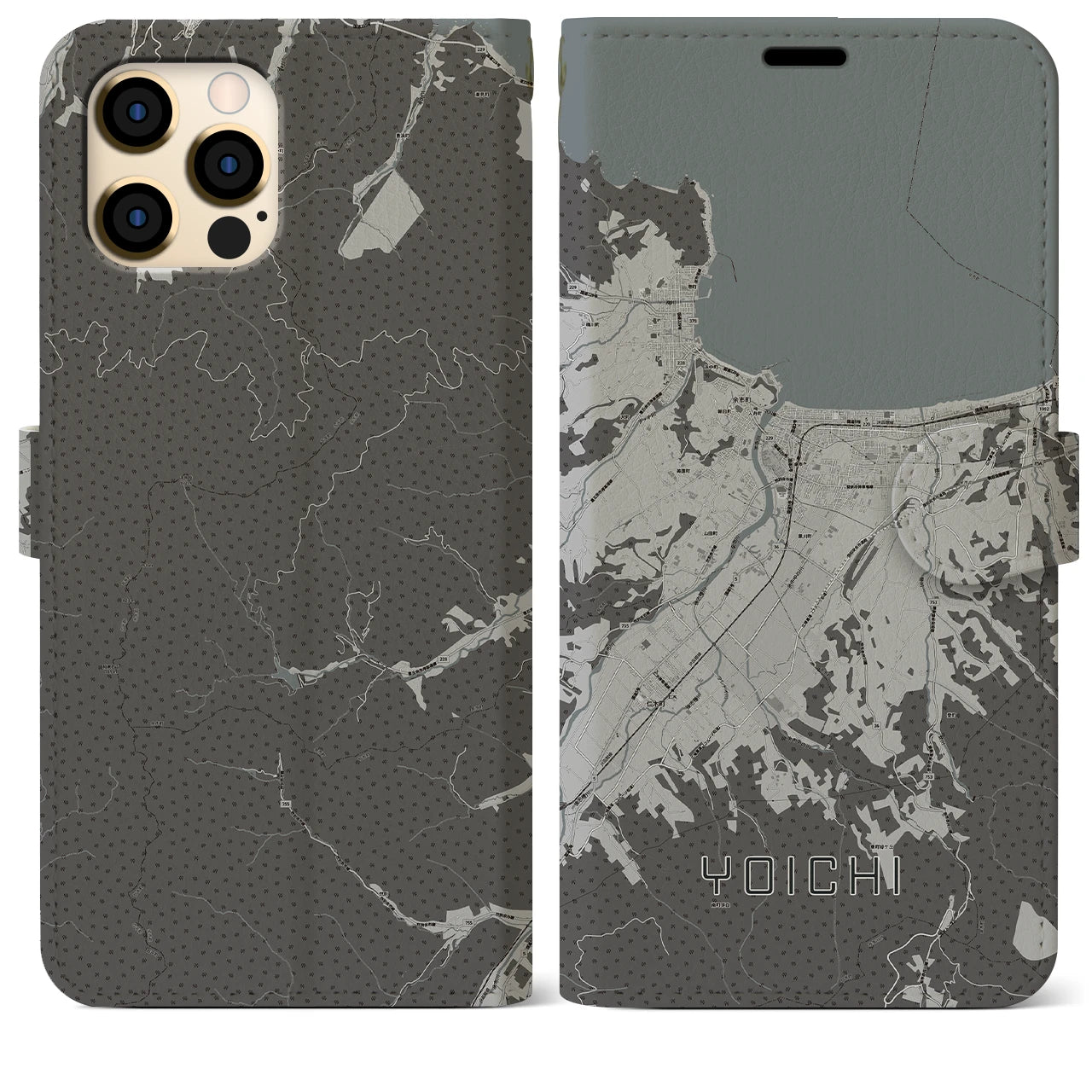 【余市(北海道)】地図柄iPhoneケース(手帳タイプ)モノトーン・iPhone 12 Pro Max 用