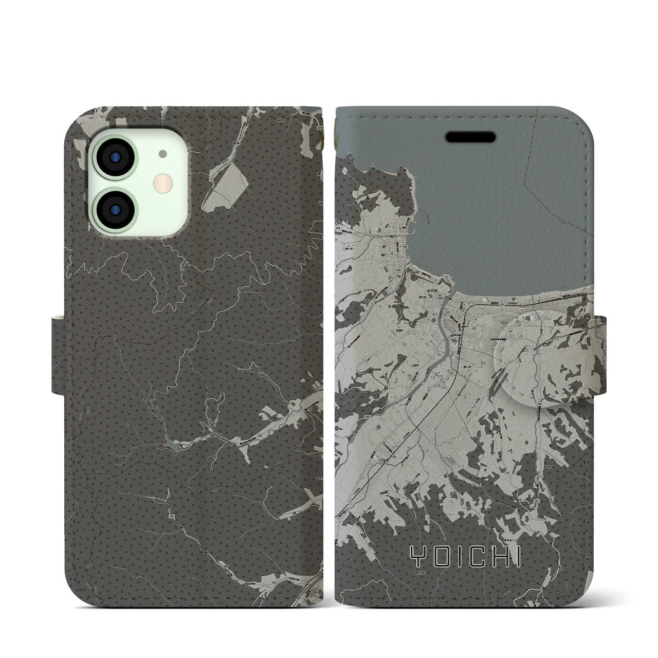 【余市(北海道)】地図柄iPhoneケース(手帳タイプ)モノトーン・iPhone 12 mini 用