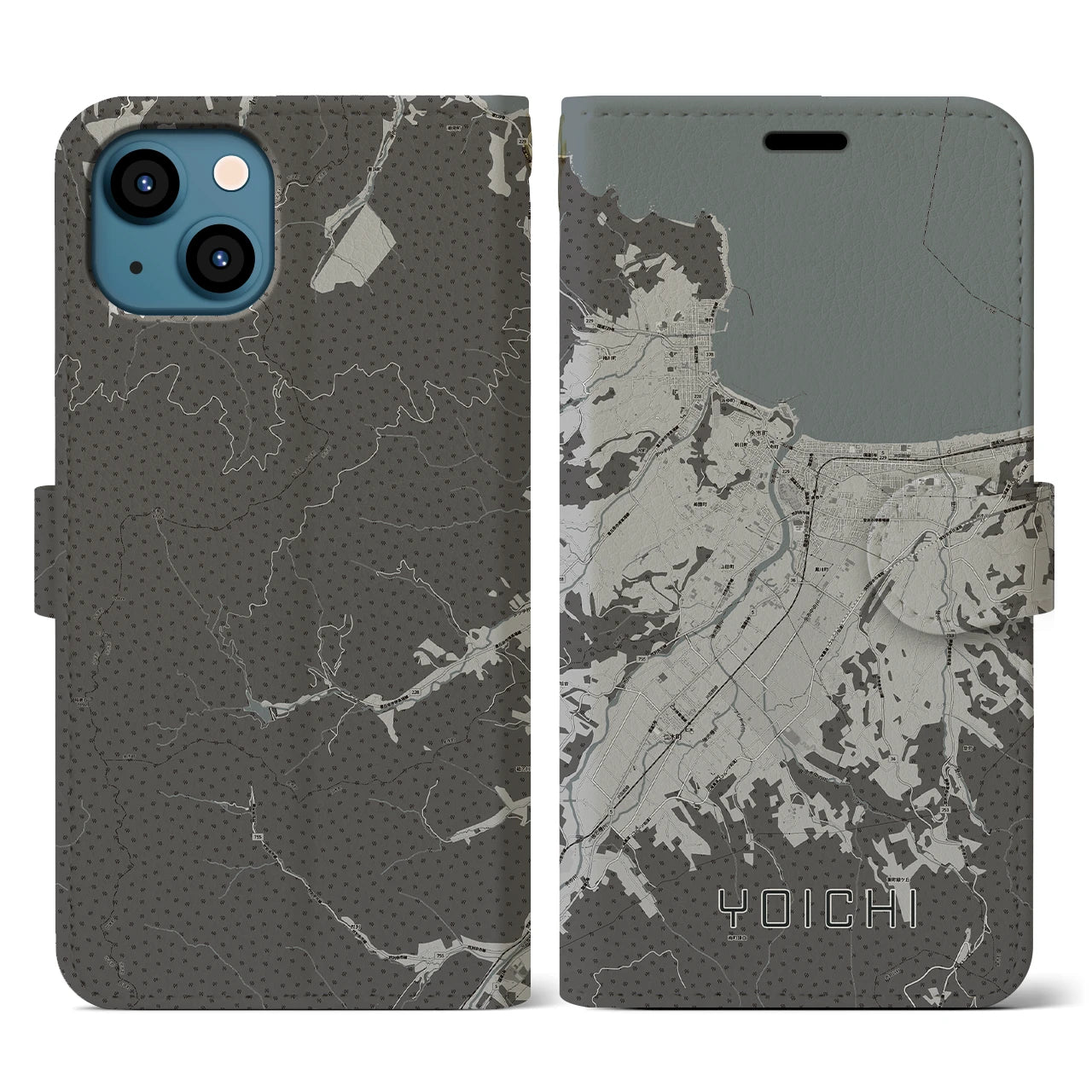 【余市(北海道)】地図柄iPhoneケース(手帳タイプ)モノトーン・iPhone 13 用