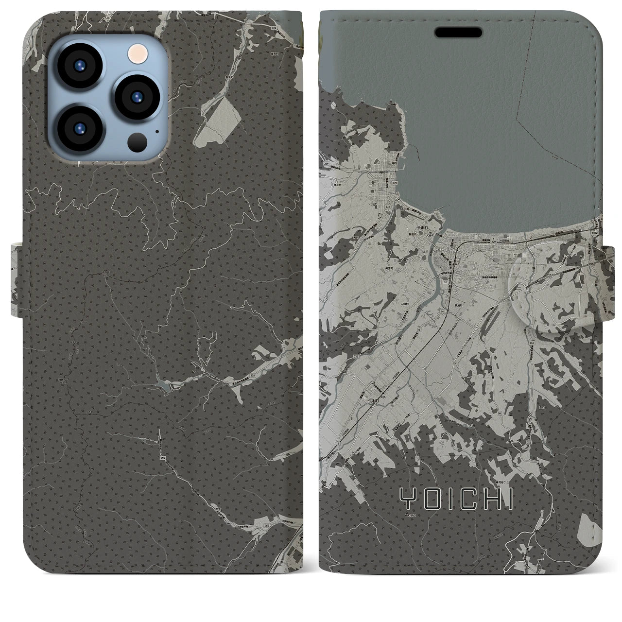 【余市(北海道)】地図柄iPhoneケース(手帳タイプ)モノトーン・iPhone 13 Pro Max 用