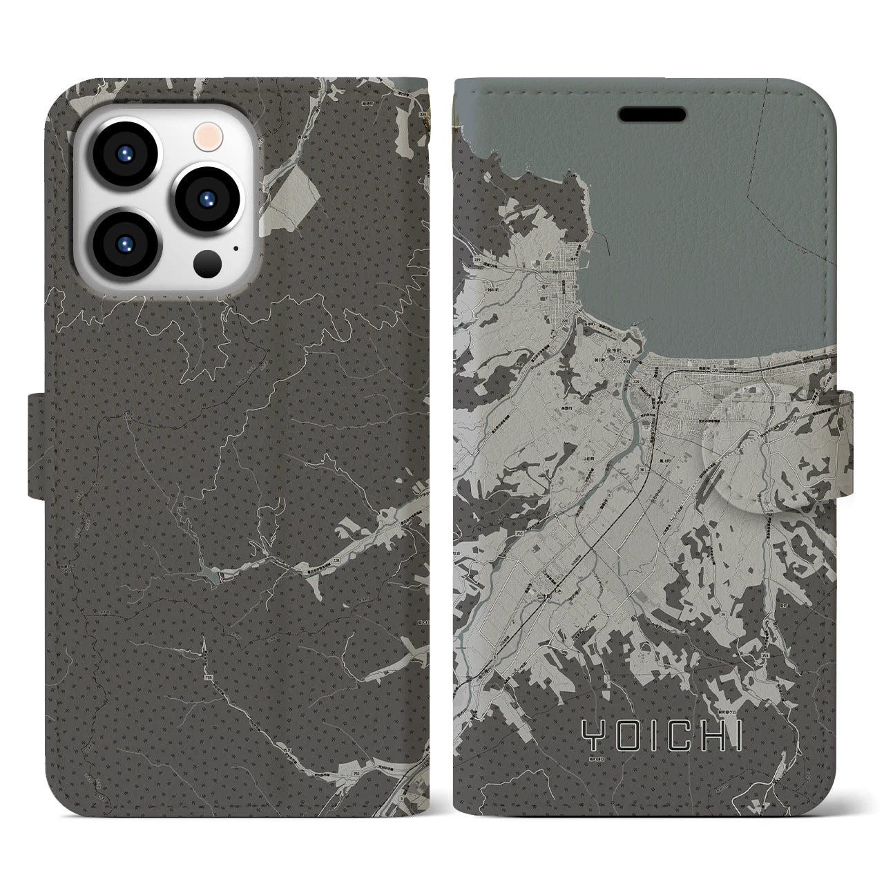 【余市(北海道)】地図柄iPhoneケース(手帳タイプ)モノトーン・iPhone 13 Pro 用