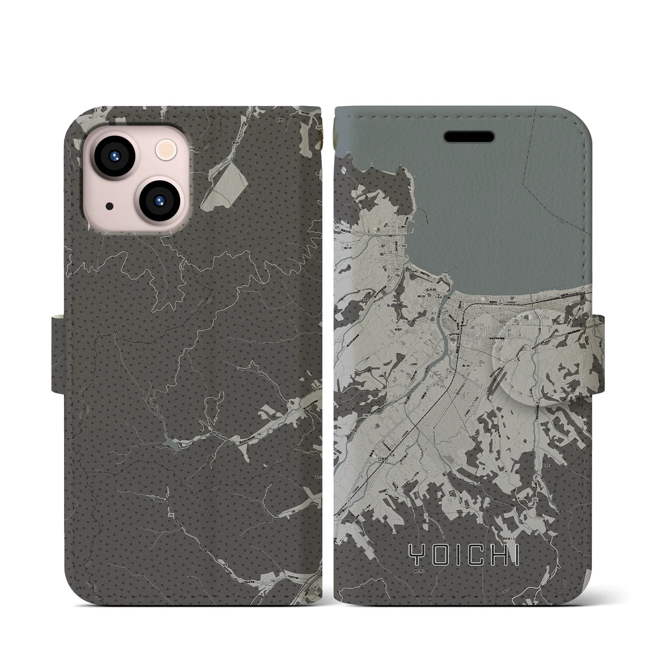 【余市(北海道)】地図柄iPhoneケース(手帳タイプ)モノトーン・iPhone 13 mini 用