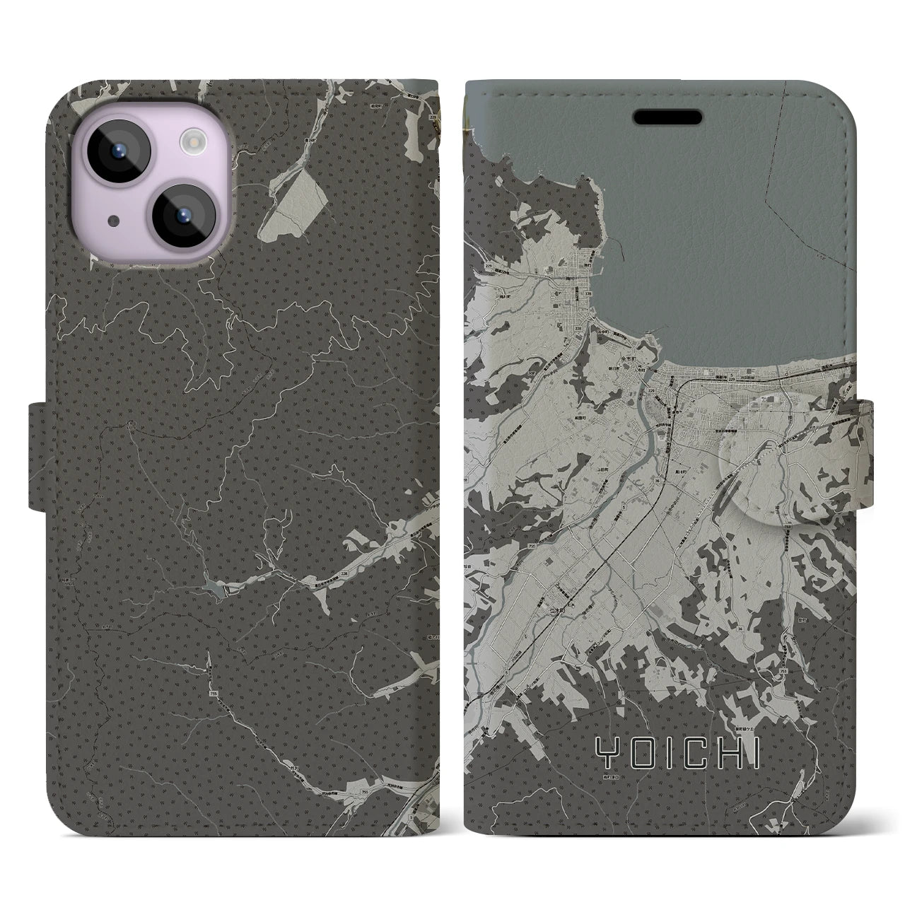 【余市(北海道)】地図柄iPhoneケース(手帳タイプ)モノトーン・iPhone 14 用