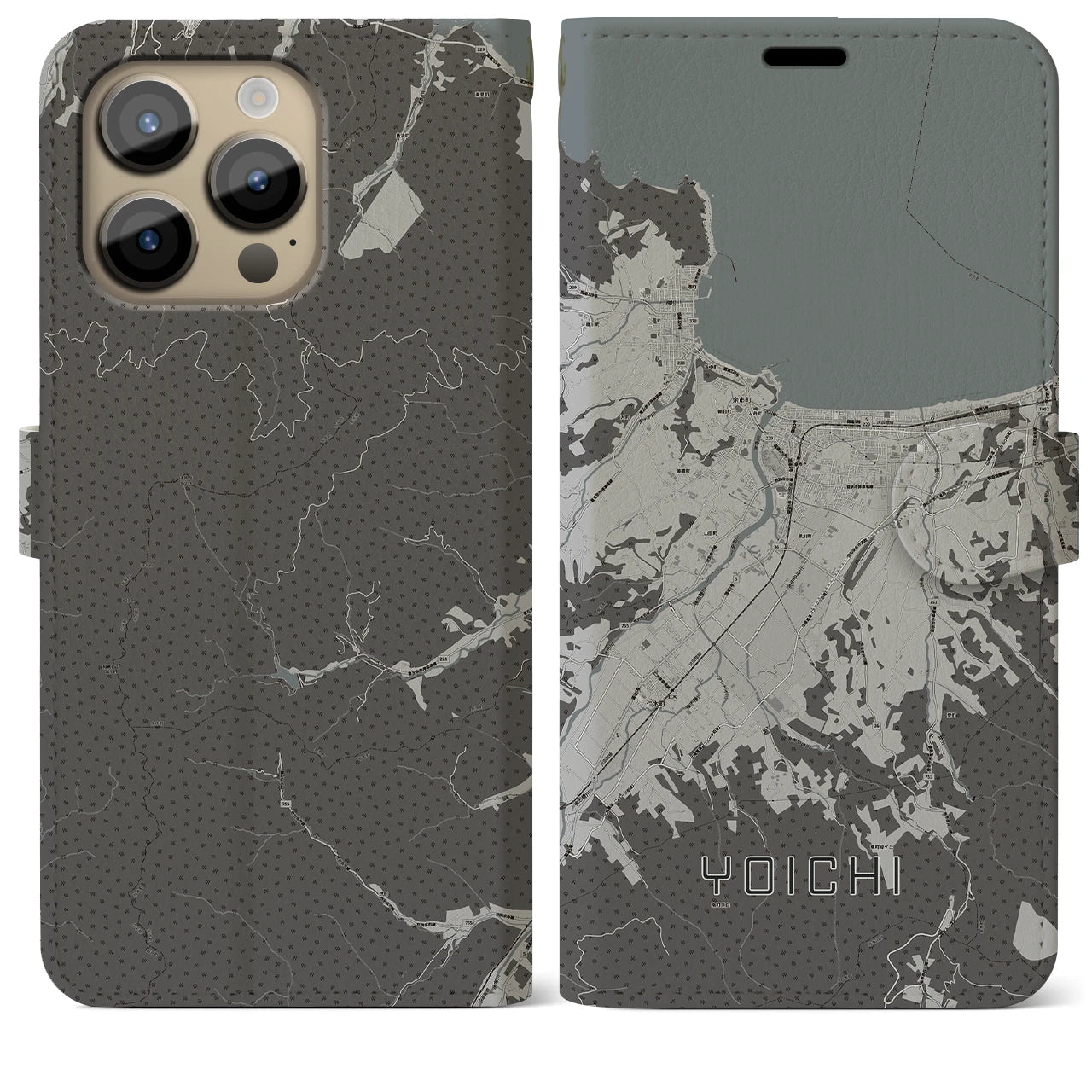 【余市(北海道)】地図柄iPhoneケース(手帳タイプ)モノトーン・iPhone 14 Pro Max 用