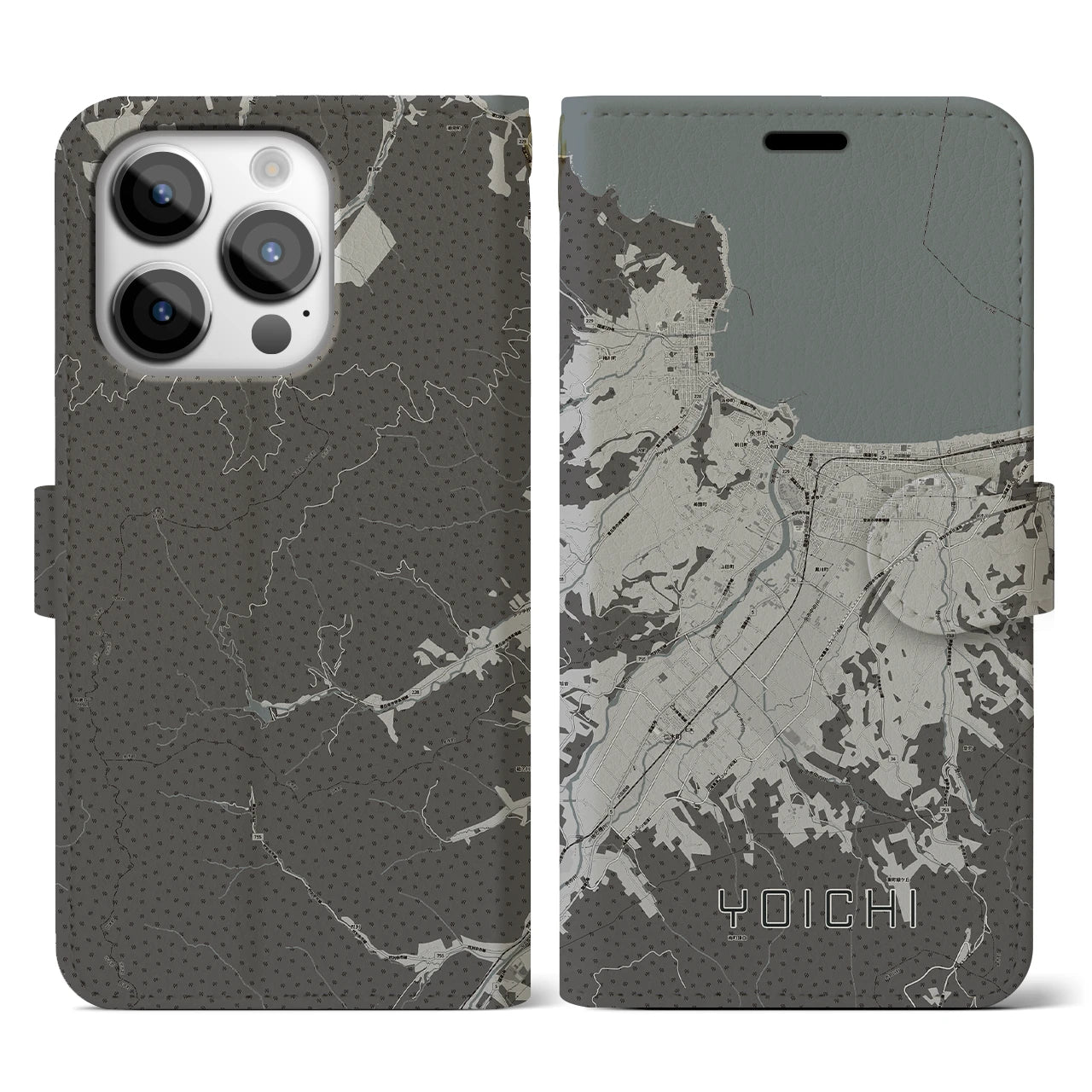 【余市(北海道)】地図柄iPhoneケース(手帳タイプ)モノトーン・iPhone 14 Pro 用