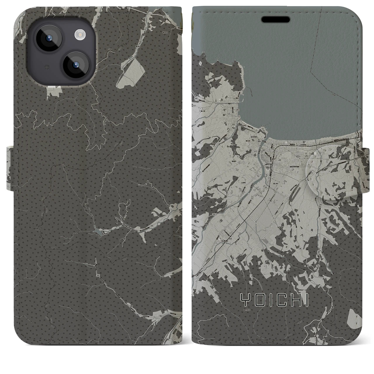 【余市(北海道)】地図柄iPhoneケース(手帳タイプ)モノトーン・iPhone 14 Plus 用