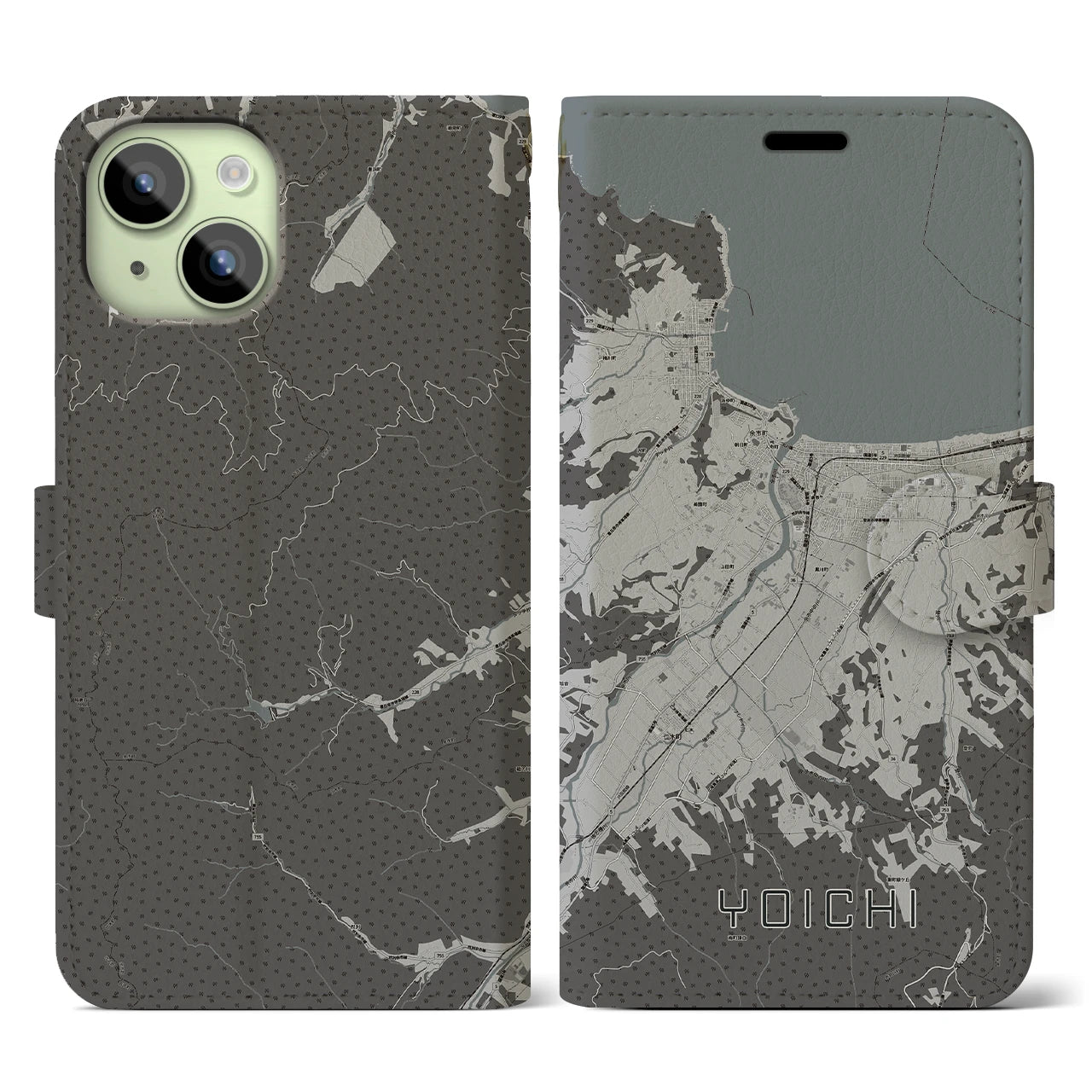 【余市(北海道)】地図柄iPhoneケース(手帳タイプ)モノトーン・iPhone 15 用