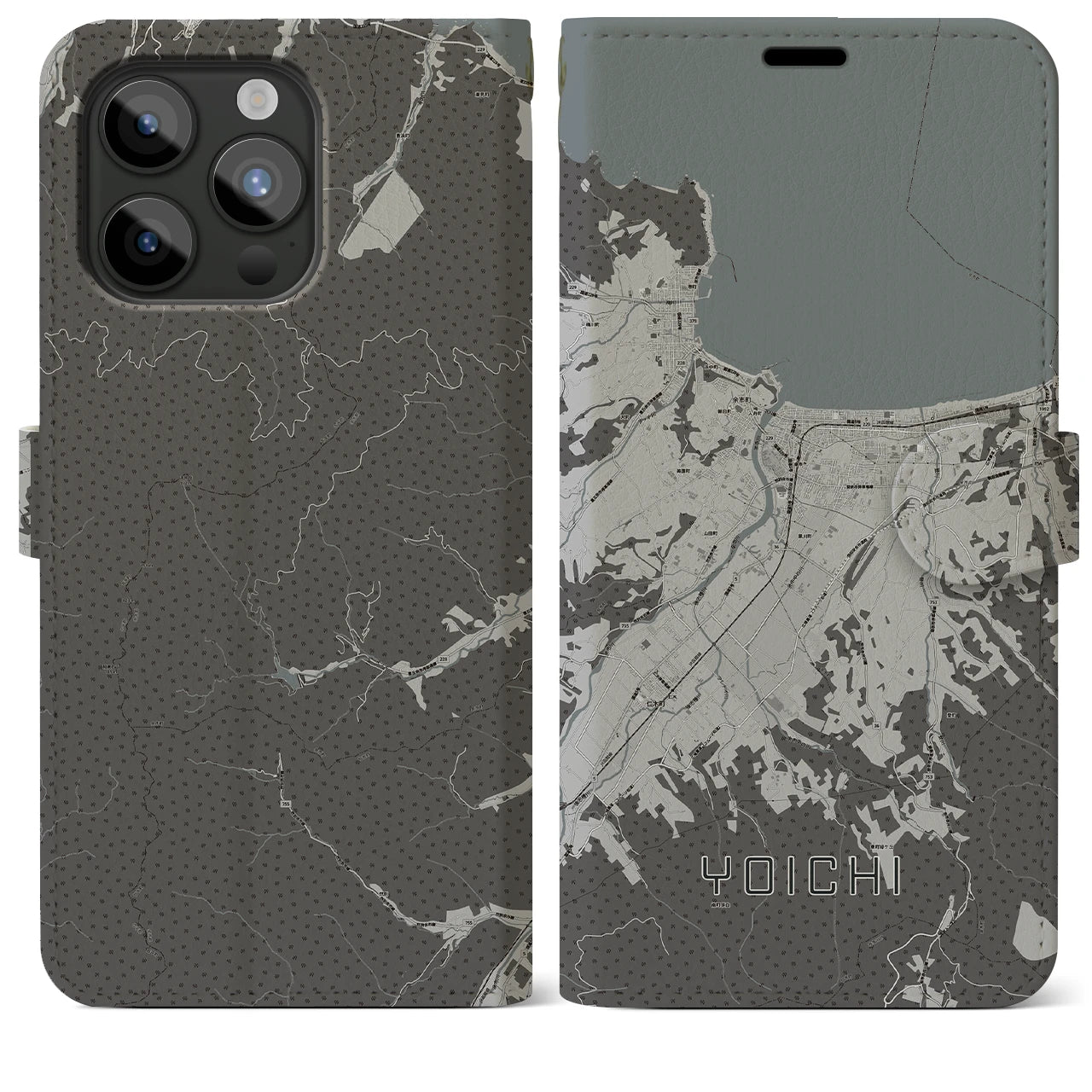 【余市(北海道)】地図柄iPhoneケース(手帳タイプ)モノトーン・iPhone 15 Pro Max 用