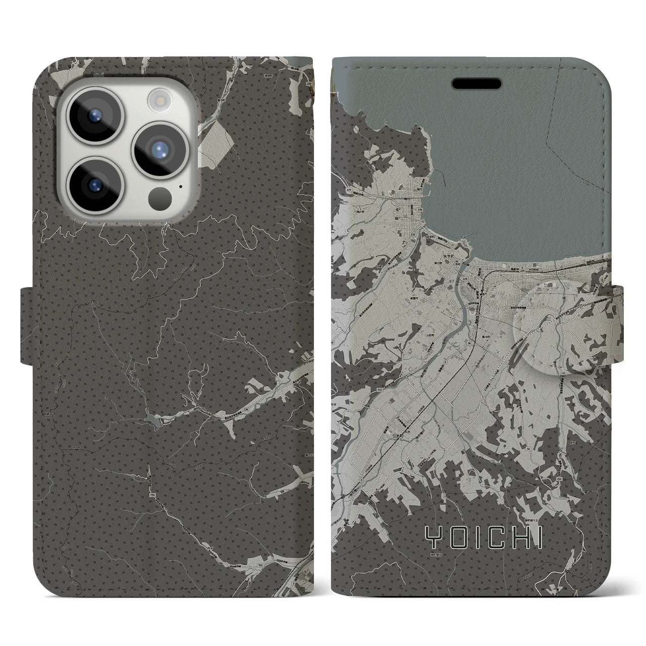 【余市(北海道)】地図柄iPhoneケース(手帳タイプ)モノトーン・iPhone 15 Pro 用