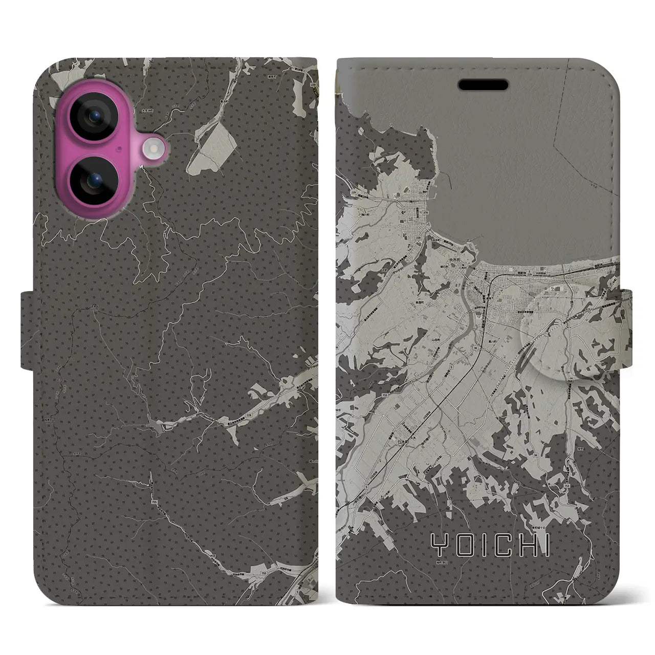 【余市(北海道)】地図柄iPhoneケース(手帳タイプ)モノトーン・iPhone 16 Pro 用