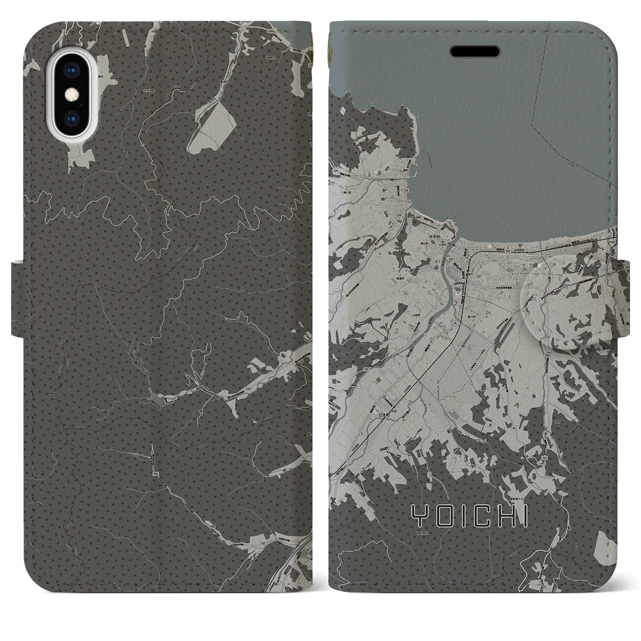 【余市(北海道)】地図柄iPhoneケース(手帳タイプ)モノトーン・iPhone XS Max 用