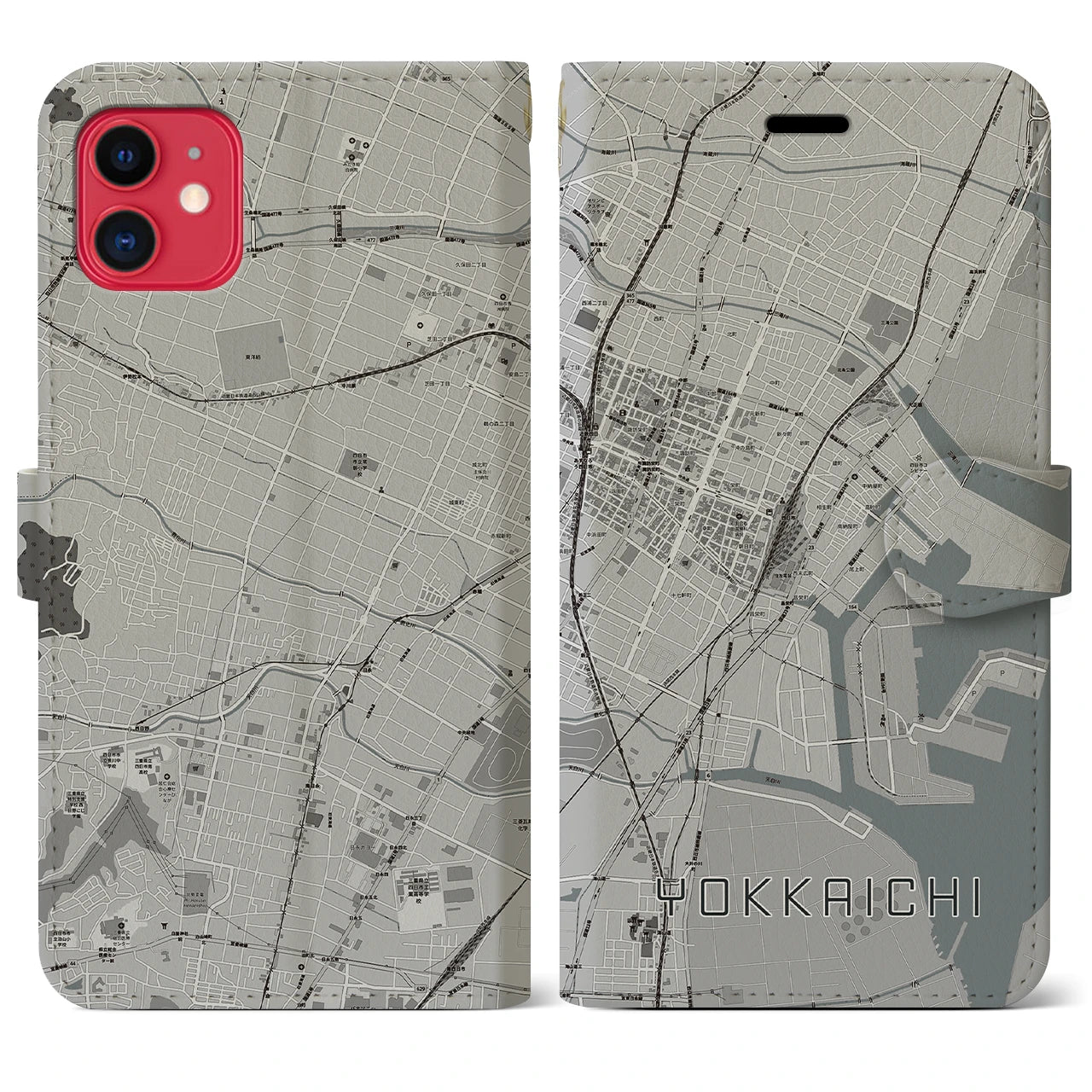 【四日市(三重県)】地図柄iPhoneケース(手帳タイプ)モノトーン・iPhone 11 用