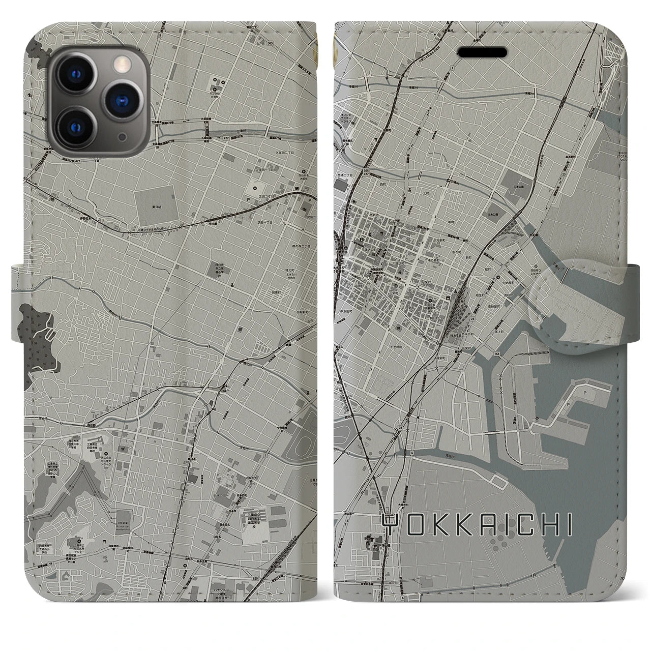 【四日市(三重県)】地図柄iPhoneケース(手帳タイプ)モノトーン・iPhone 11 Pro Max 用