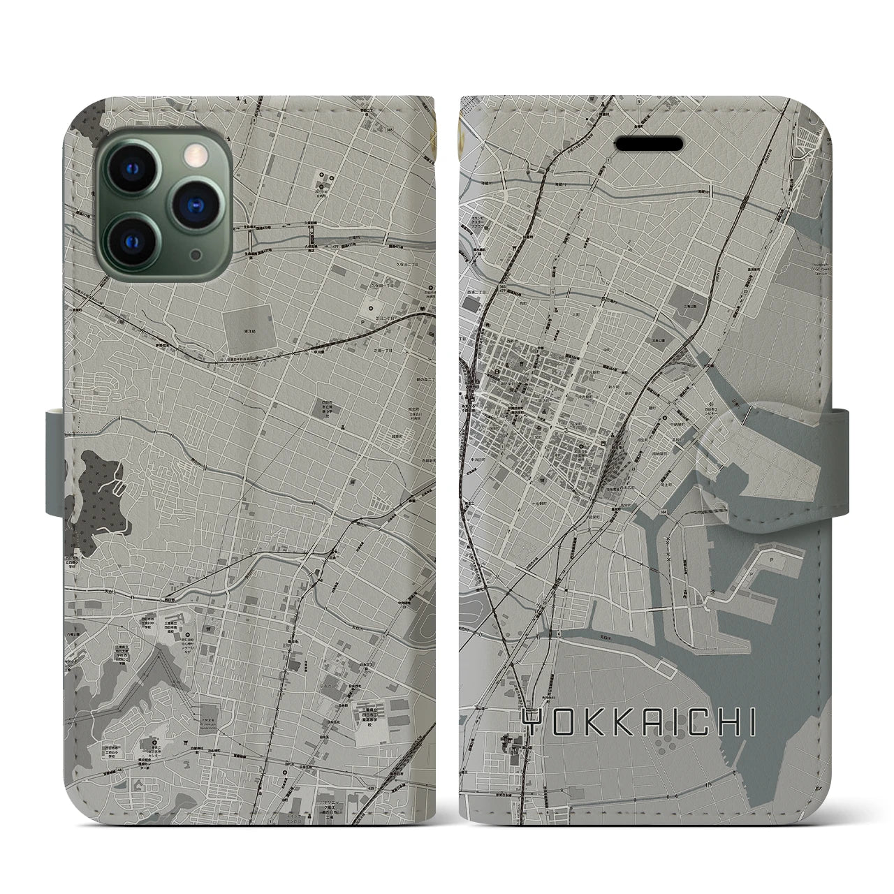 【四日市(三重県)】地図柄iPhoneケース(手帳タイプ)モノトーン・iPhone 11 Pro 用
