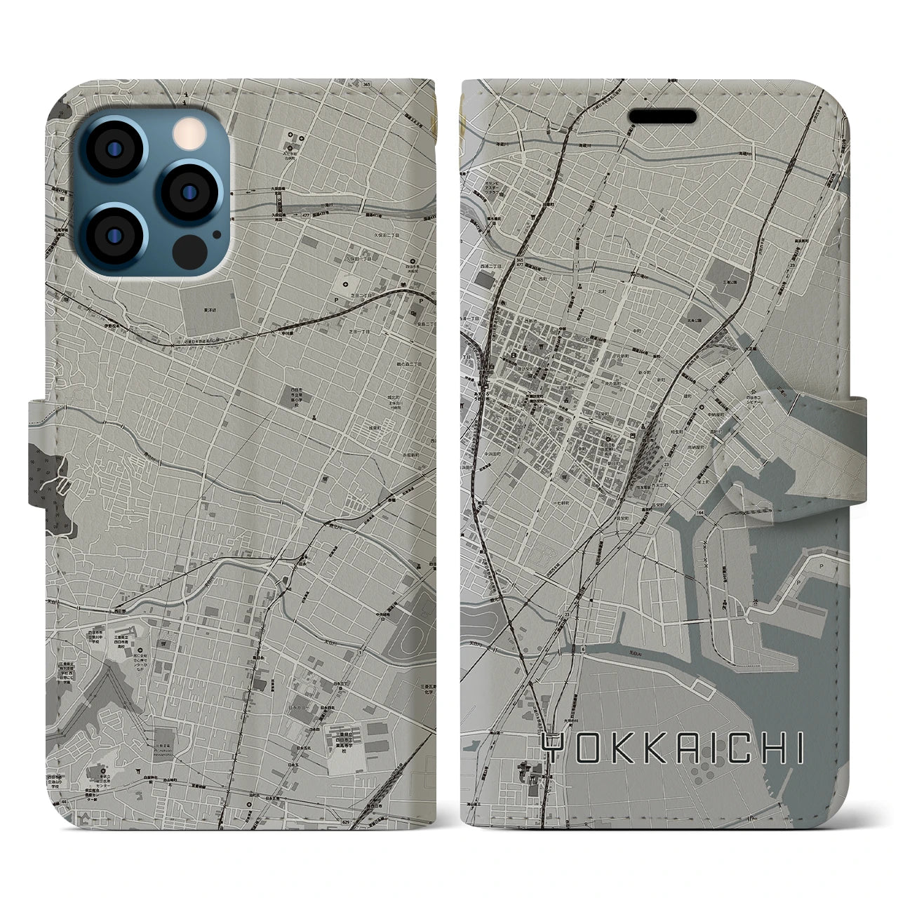 【四日市(三重県)】地図柄iPhoneケース(手帳タイプ)モノトーン・iPhone 12 / 12 Pro 用