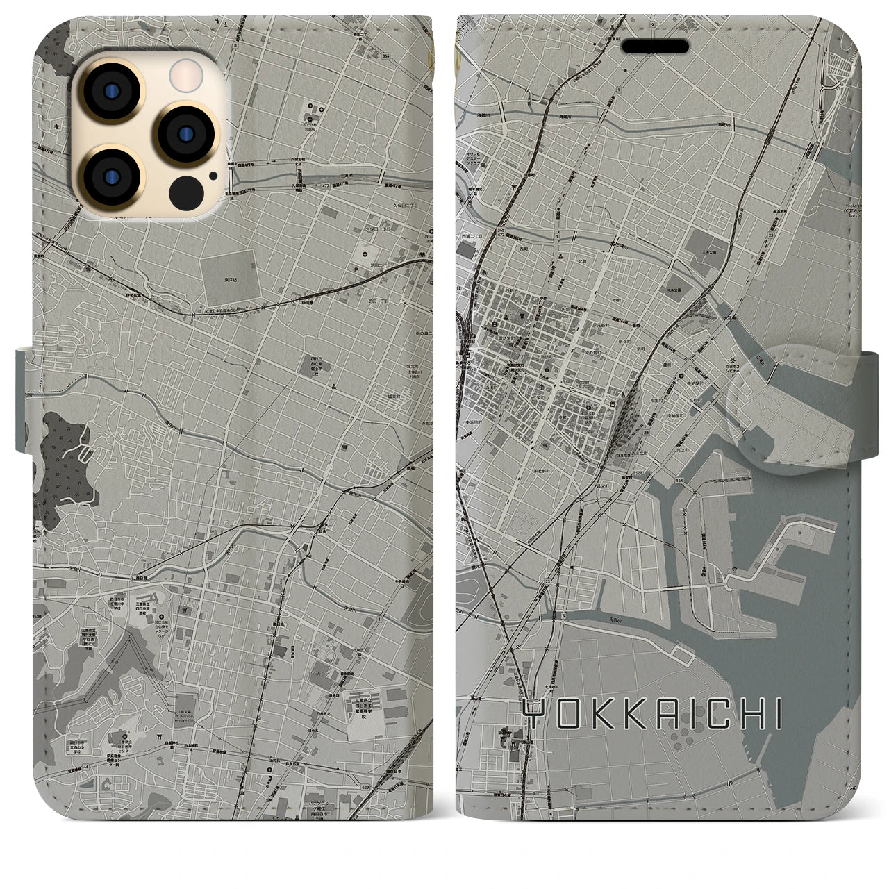 【四日市(三重県)】地図柄iPhoneケース(手帳タイプ)モノトーン・iPhone 12 Pro Max 用